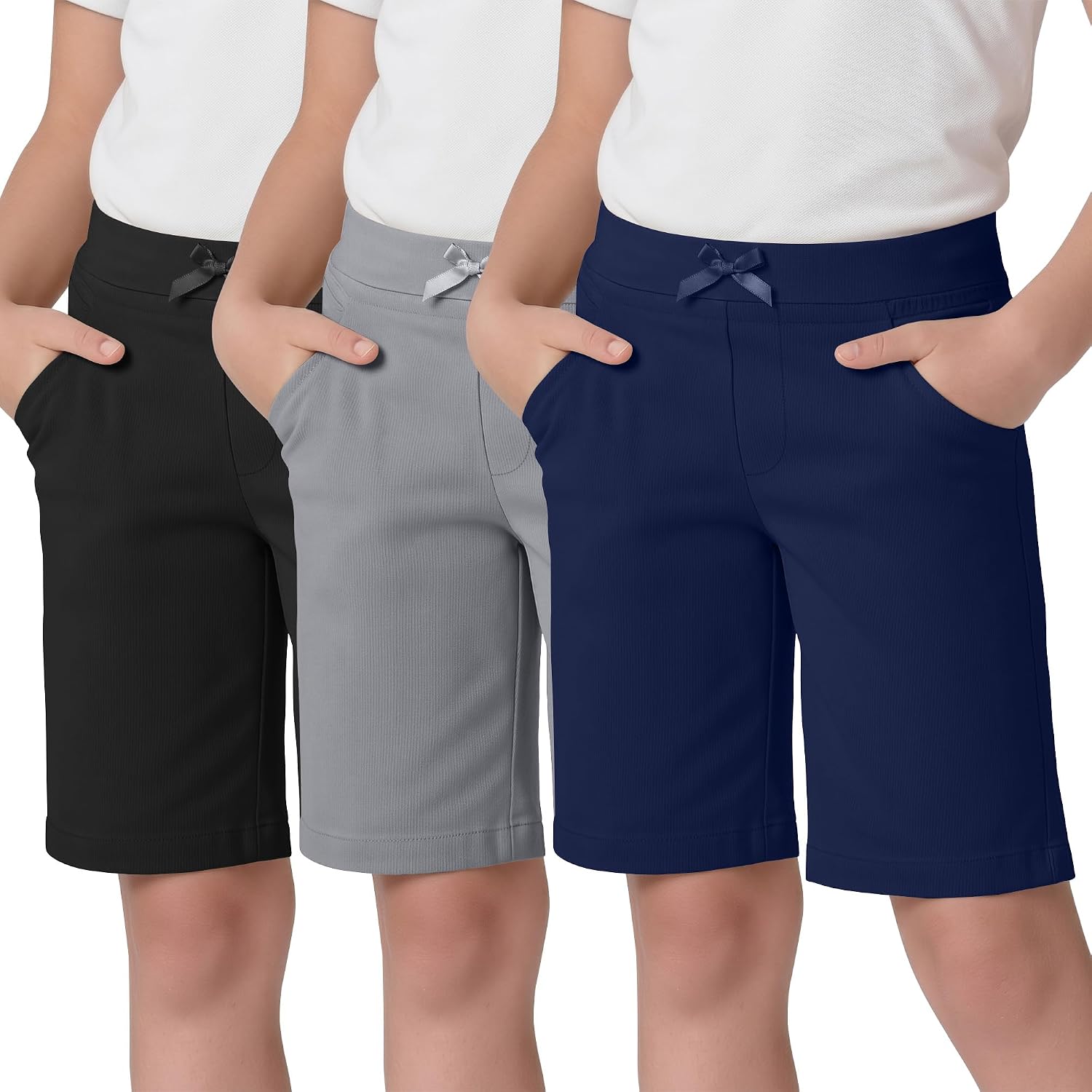 3 Pack Girls' School Uniform Bermuda Shorts Pull-On Elastic Waist Shorts with Pockets Knee Length Pants 5-14 Years