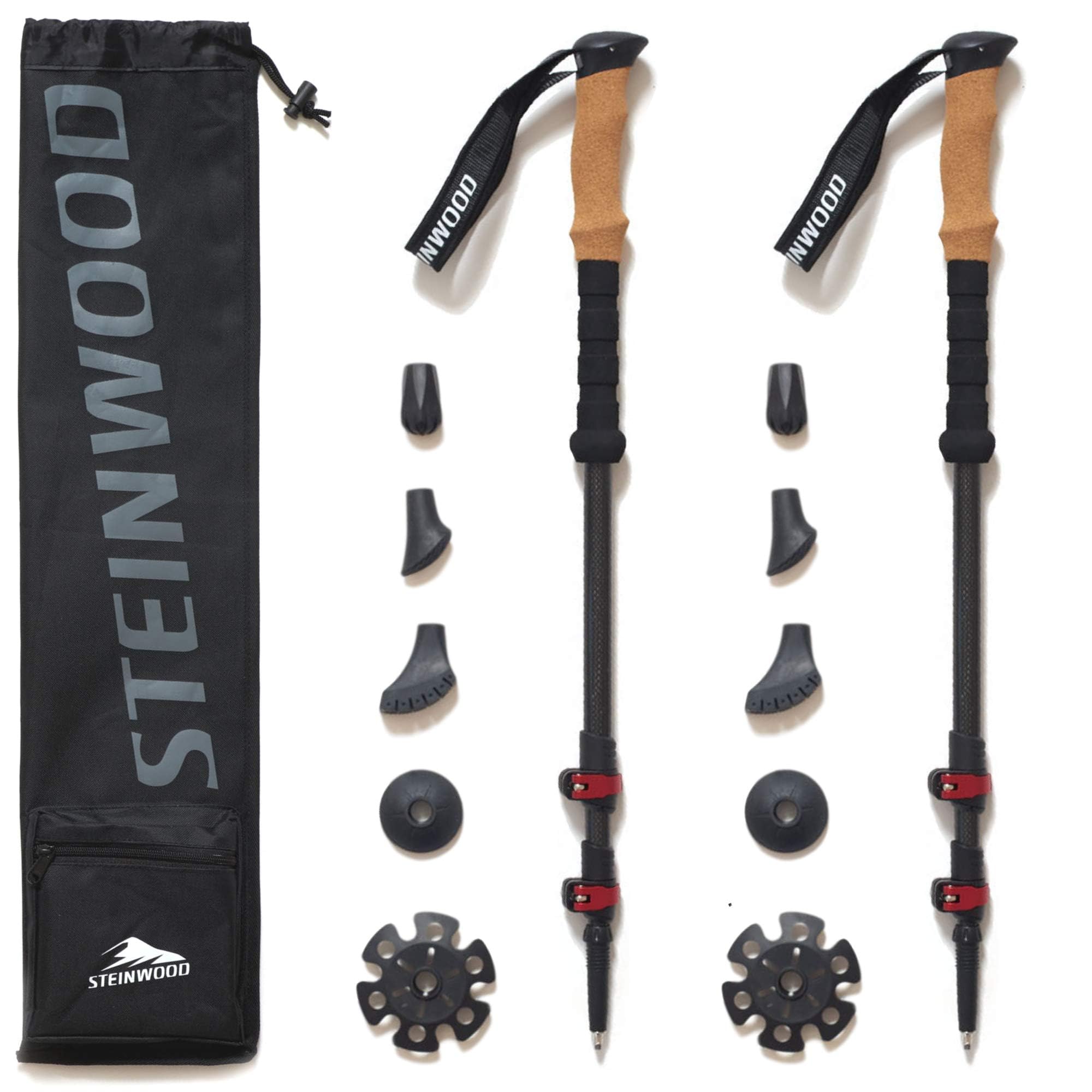 Steinwood Premium Carbon Wanderstöcke - Trekkingstöcke - verstellbar mit Teleskop und Klemmverschluss mit extra Gummipuffer und Tragebeutel (2 Paar)