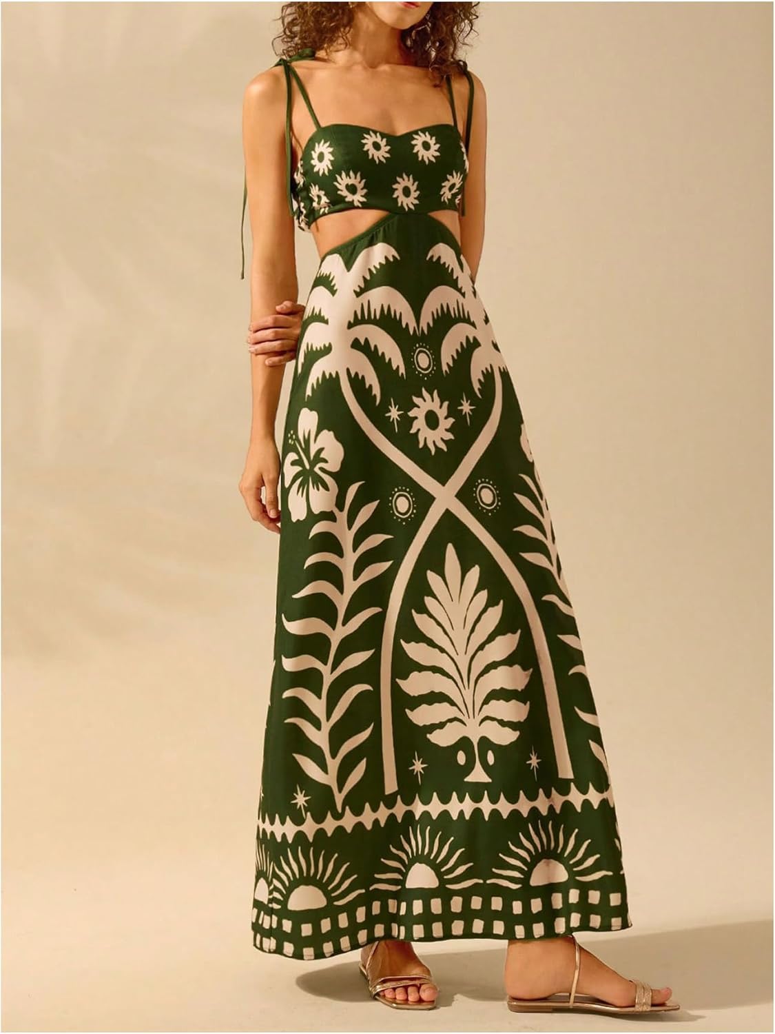 SOLY HUX Women's Summer Maxi Dress Boho Print Tie Shoulder Spaghetti Strap Cut Out Tie Back Cami Dresses Sundress - Image 3