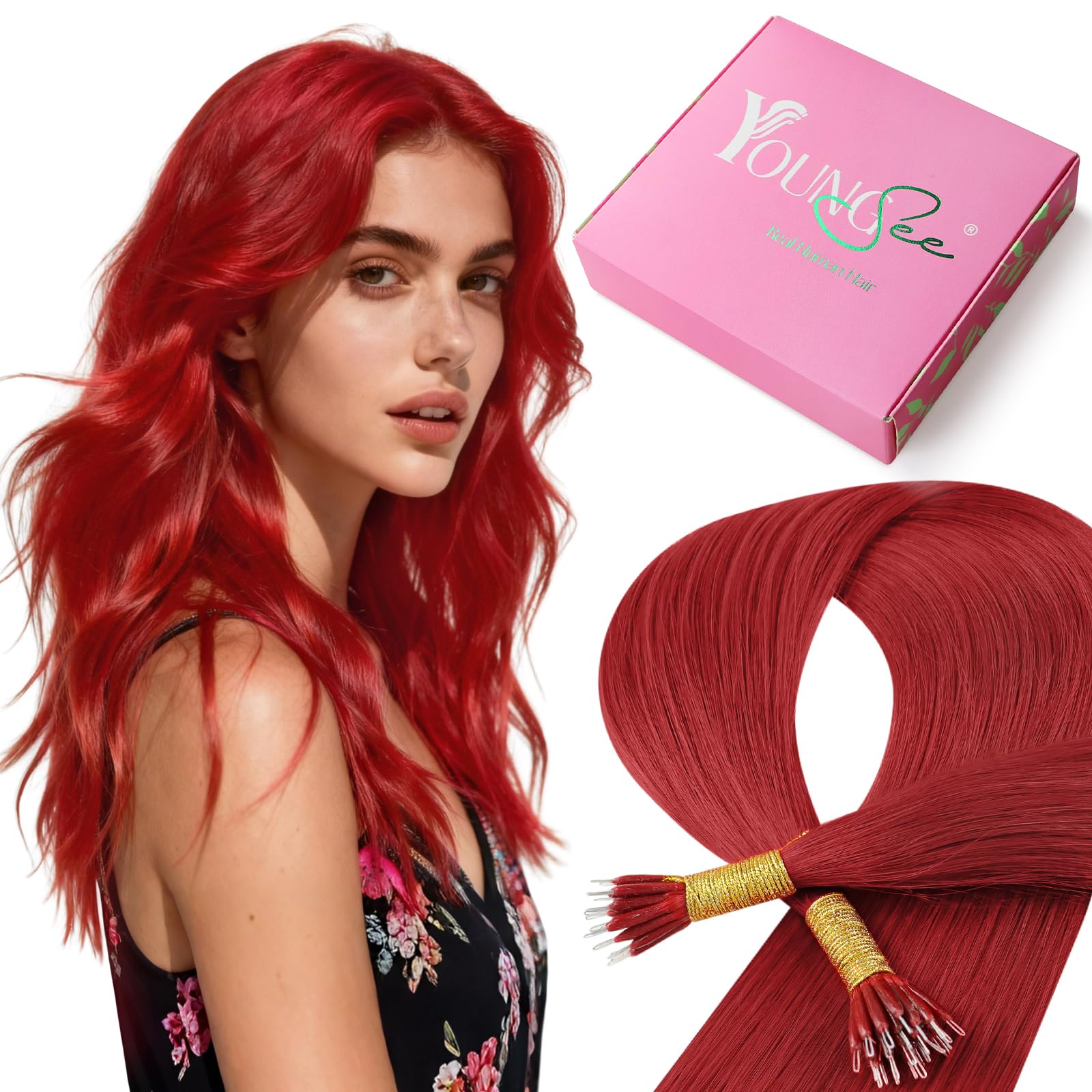 YoungSee 25g Nano Ring Extensions Echthaar Rot Nano Extensions Echthaar Remy Nanoring Haarverlängerung Echt Haar Rot Nanoring Haarextension für Damen 40 CM RED