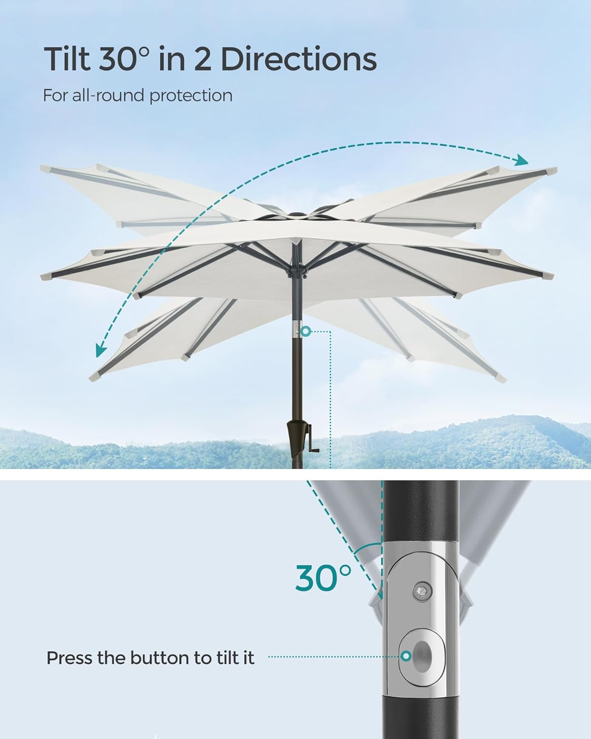 Diagram showing the 30-degree dual-tilt system of the umbrella and the button to activate it.