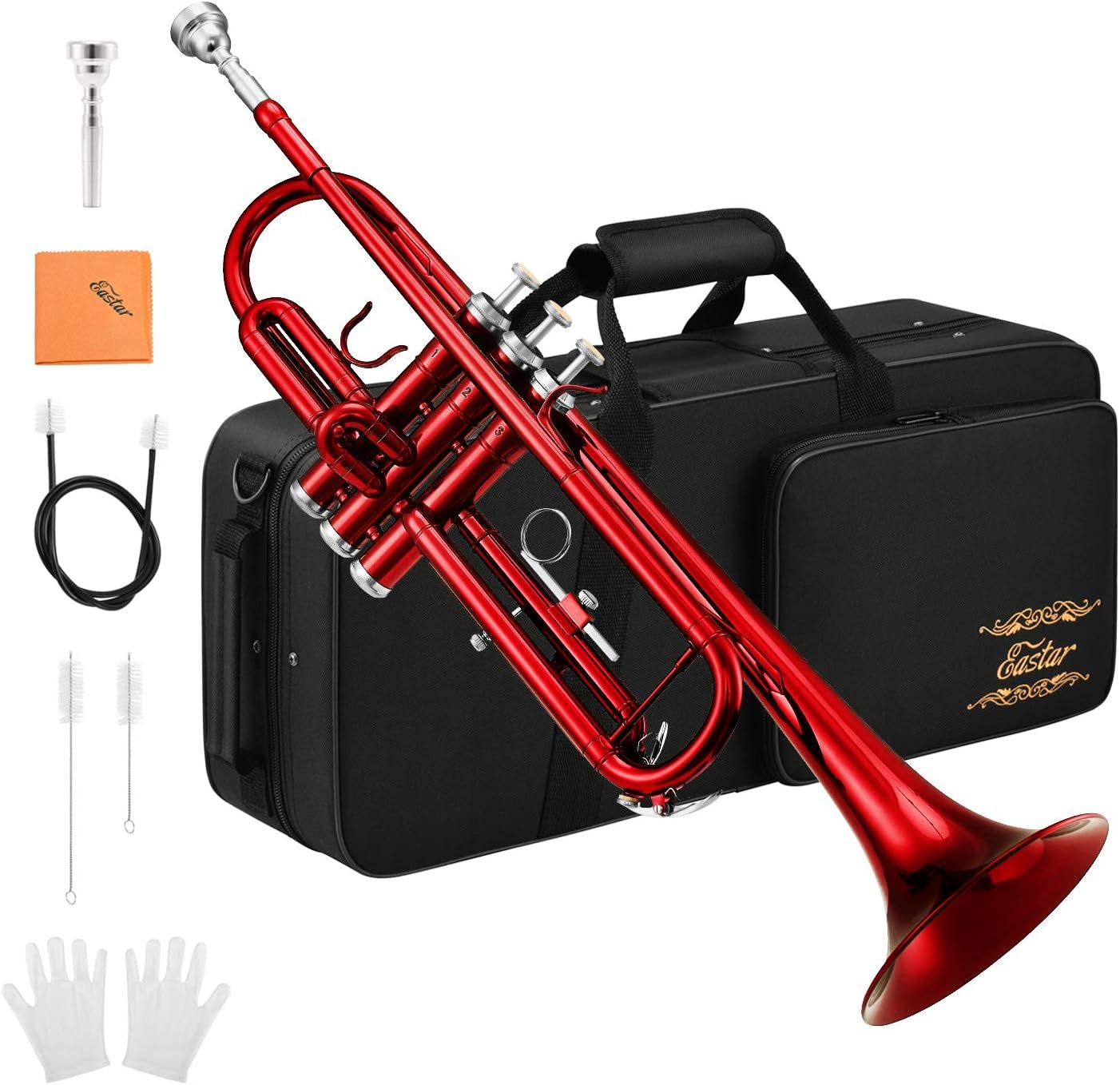Eastar Bb Standard Trumpet Set for Beginner, Brass Student Trumpet Instrument with Hard Case, Cleaning Kit, 7C Mouthpiece and Gloves, ETR-380N, Silver : Musical Instruments