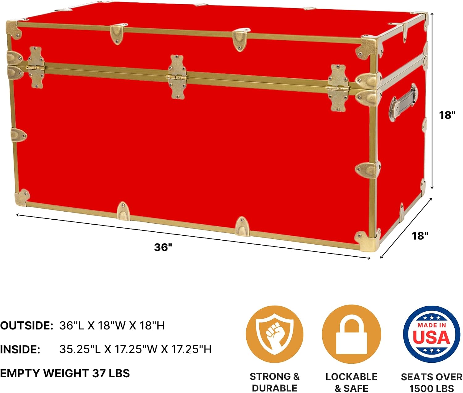 Rhino Trunk & Case Classic XXL College Trunk with Antique Brass Hardware, Soft Close - 36”x18”x18”, Seats 1500+ lbs, USA Made Secure Dorm Footlocker, Home Storage, Steamer Style Blanket Chest