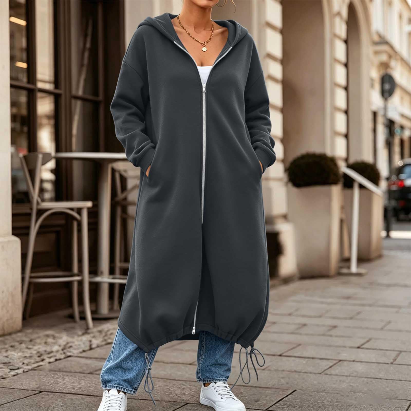LUCKME Chaqueta Larga Mujer,Sudaderas Mujer Manga Larga con Capucha y Cremallera Color Sólido Casual Abrigo Deportivo Holgada con Bolsillos Suelto Cómodo Sudadera Informal Ropa Otoño Invierno