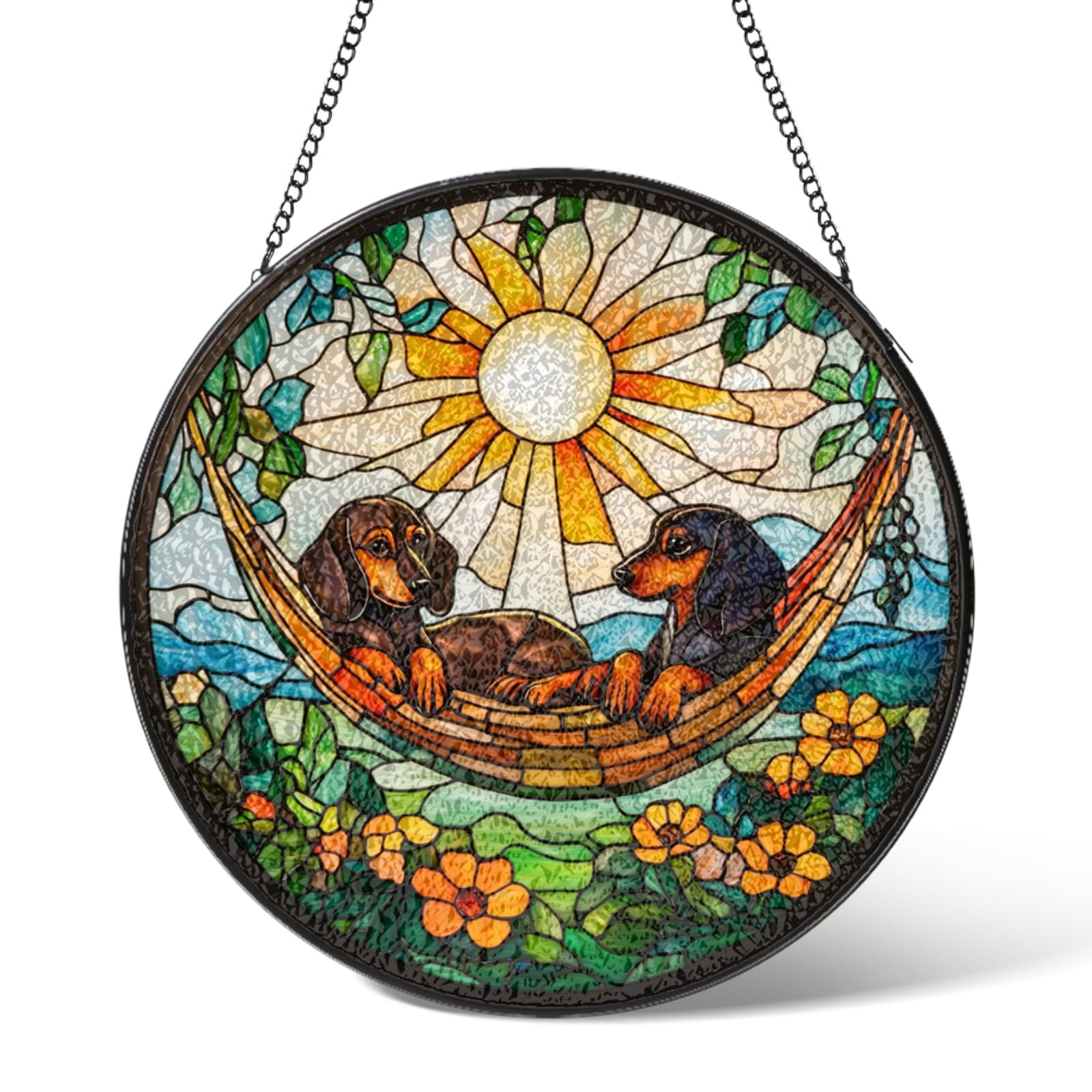 Dachshunds Dog Stained Glass Window Hanging,Dogs Flowers Suncatcher Garden Decor Birthday Gifts,Sun Catchers Home Decoration for Bedroom Kitchen Windows,Christmas for Mom 3.9 IN