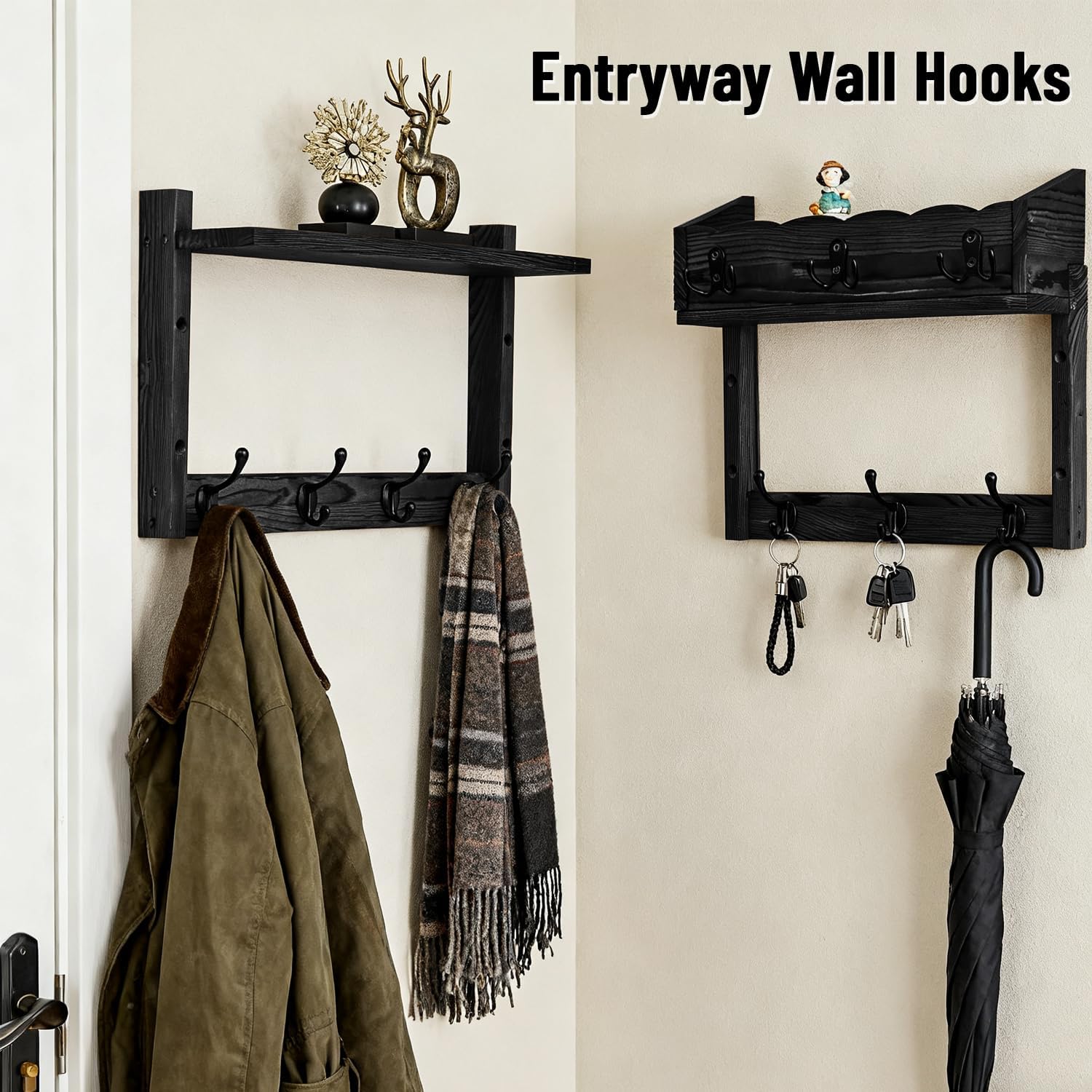 28" Coat Rack Wall Mount with Shelf, Entryway Key Holder Wall Mount Wood Wall Coat Hooks with 7 Hooks 3 Key Hanger, Wall Mounted Coat Rack Mail Holder for Living Room, Bedroom
