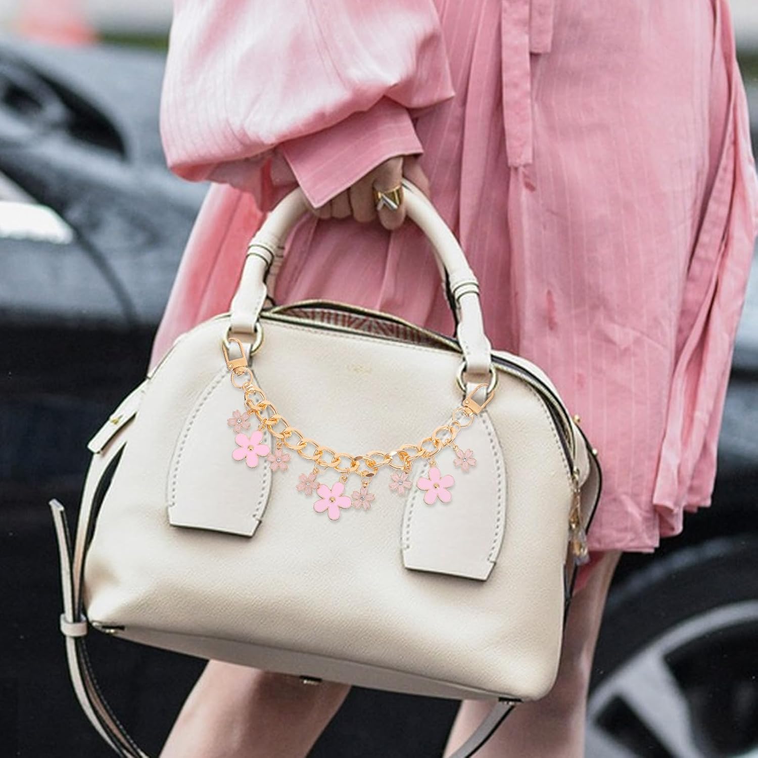 2 Pcs Purse Charms Gold Bag Charms for Handbags Purse Chain Cherry Blossoms Bags Extender Chain Short Chains Straps Enamel Flower Charm Purses Handle Golden Chains for Wallet Crossbody Shoulder Bag - Image 7