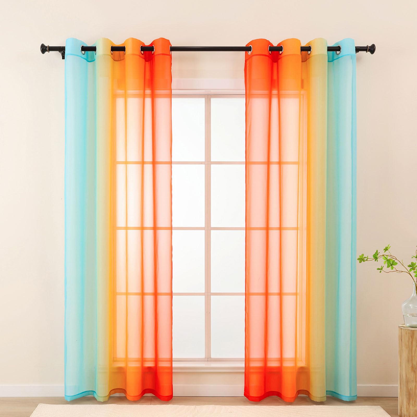 L.Z.E Blue and Orange Sheer Voile Curtains for Living Room Eyelet Ombre Sheer Curtains & Drapes for Kids Boys Girls Room Bedroom Window Transparent 175 cm Short Colour Gradient (55 Wide x 70 Drop)