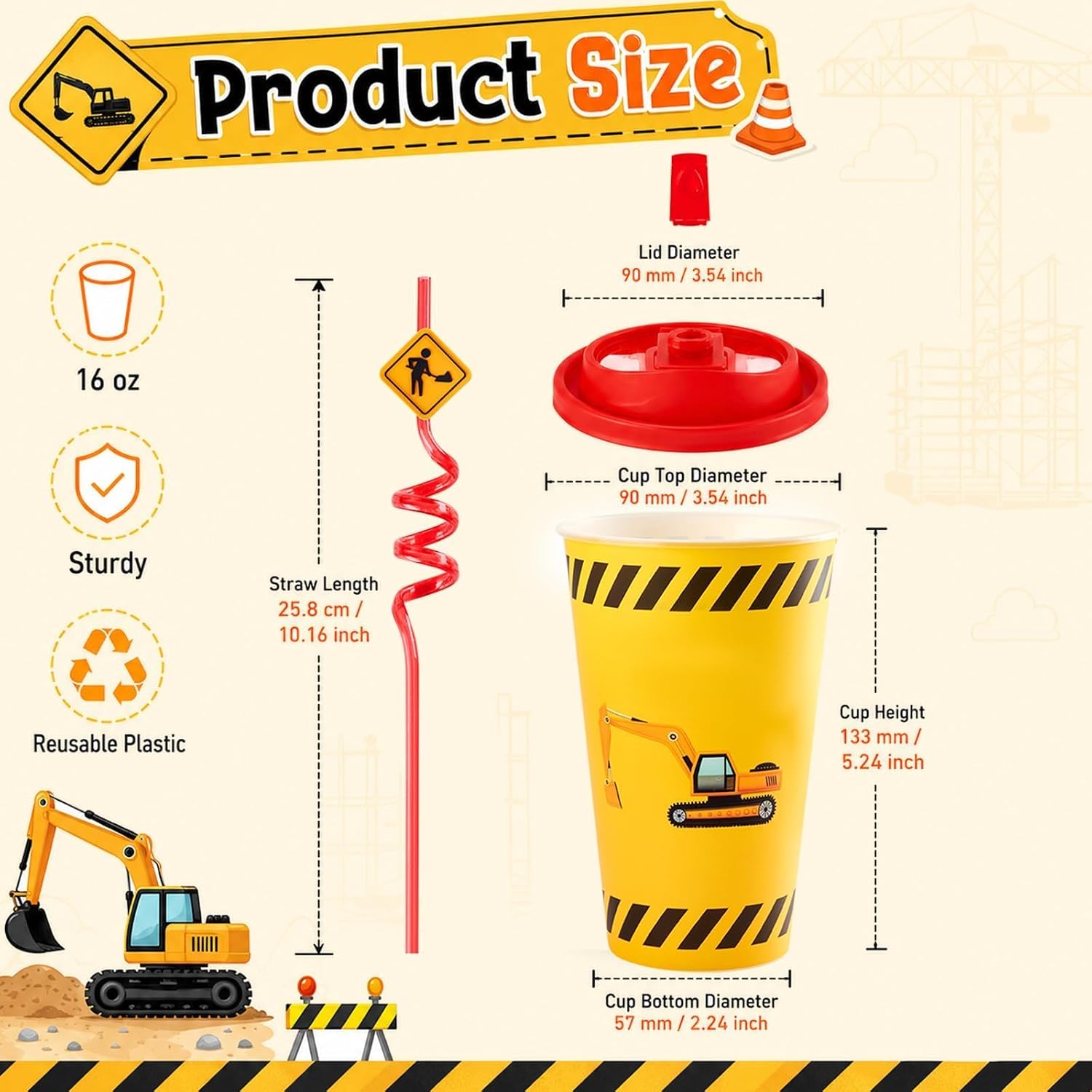 24 Sets Construction Party Favor Cups with Lids and Silly Straws image 2