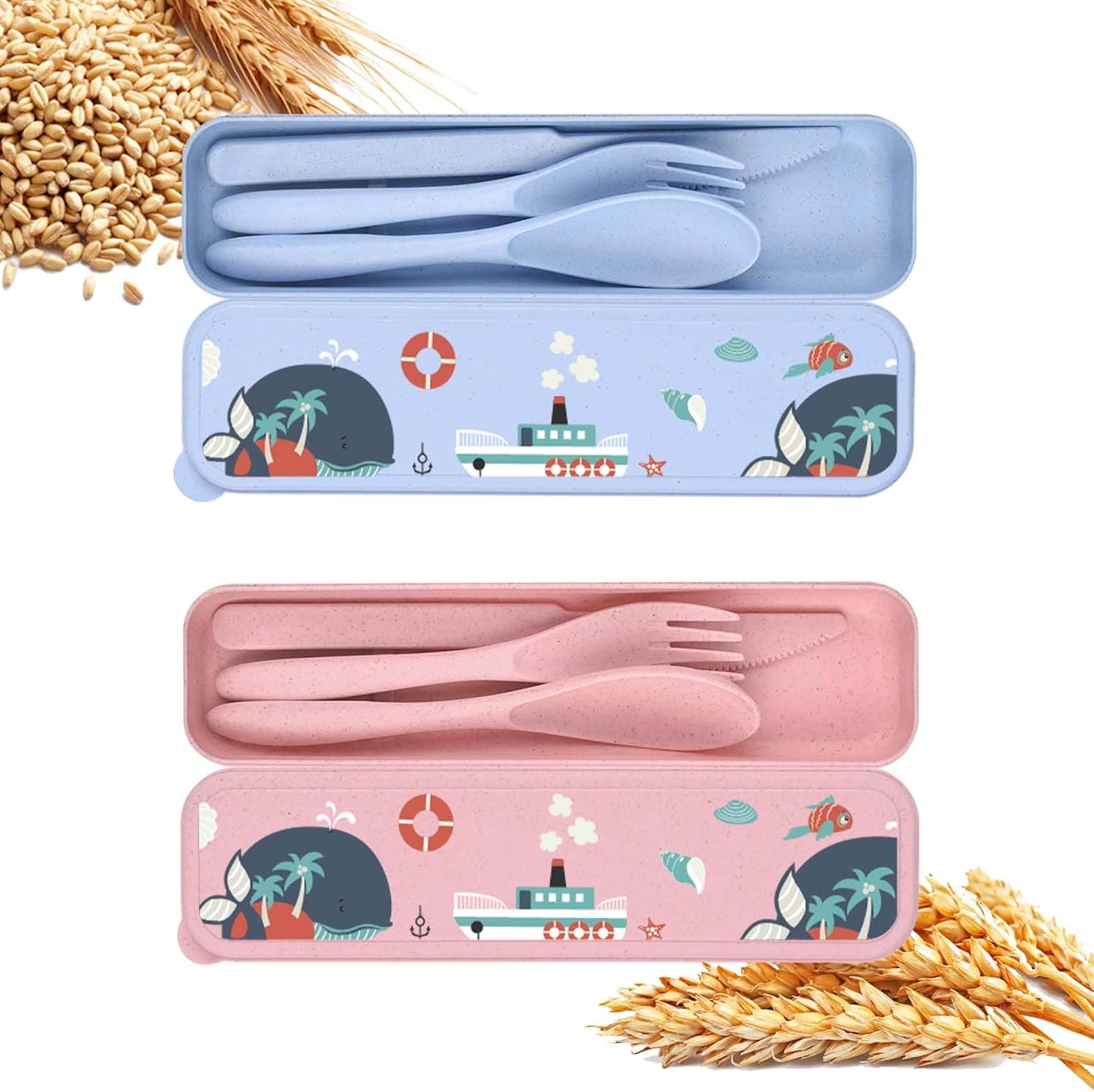 2 Sets Travel Utensils with Case, Portable Wheat Straw
