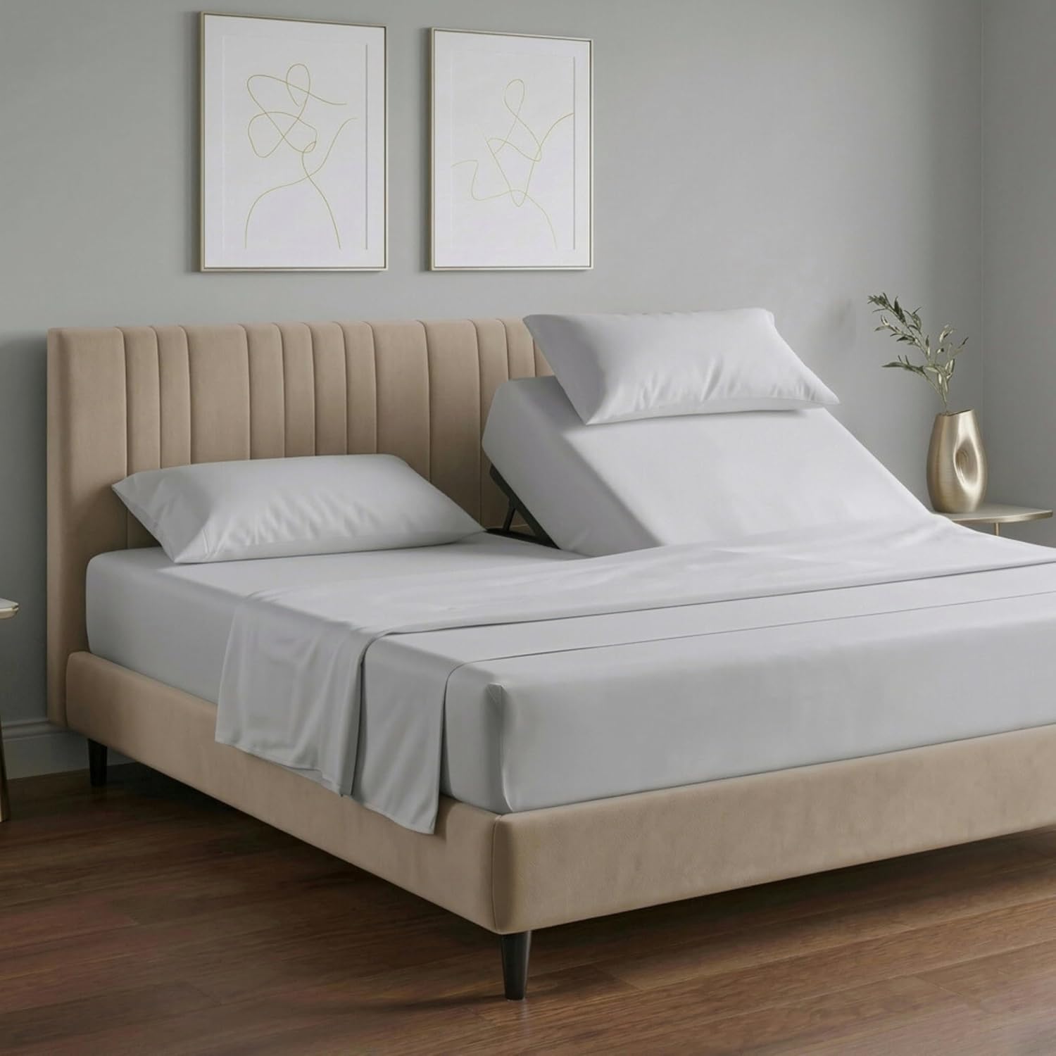 100% Egyptian Cotton 800 Thread Count Split Head King Sheets Sets for Adjustable Bed, 34” Flex Top King, Luxury Hotel Collection Soft Breathable Sateen Weave, 16" Deep Pocket - 4Pc, Light Grey