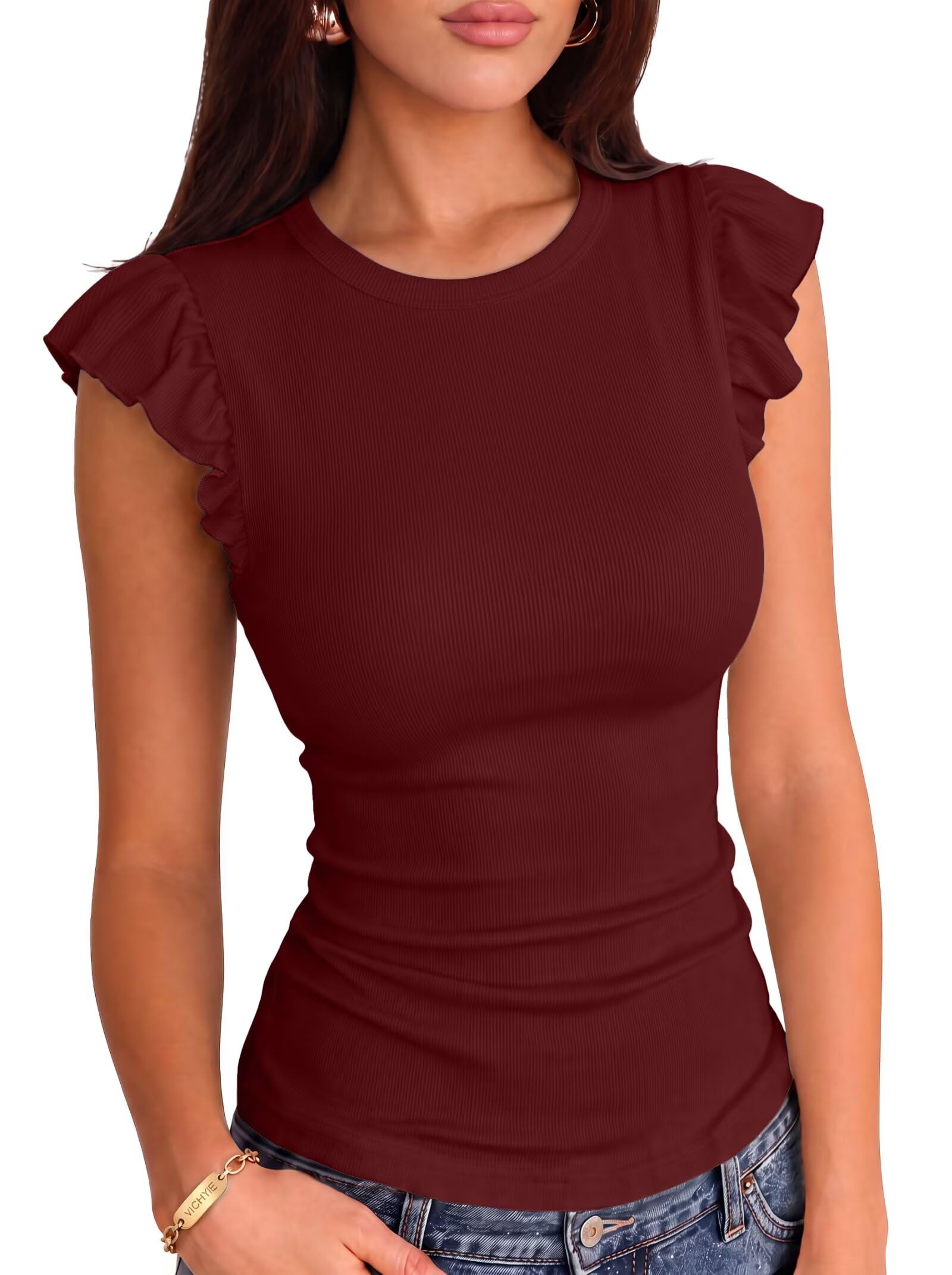 VICHYIE Summer Women Ruffle Cap Sleeve Pretty Fitted Shirt