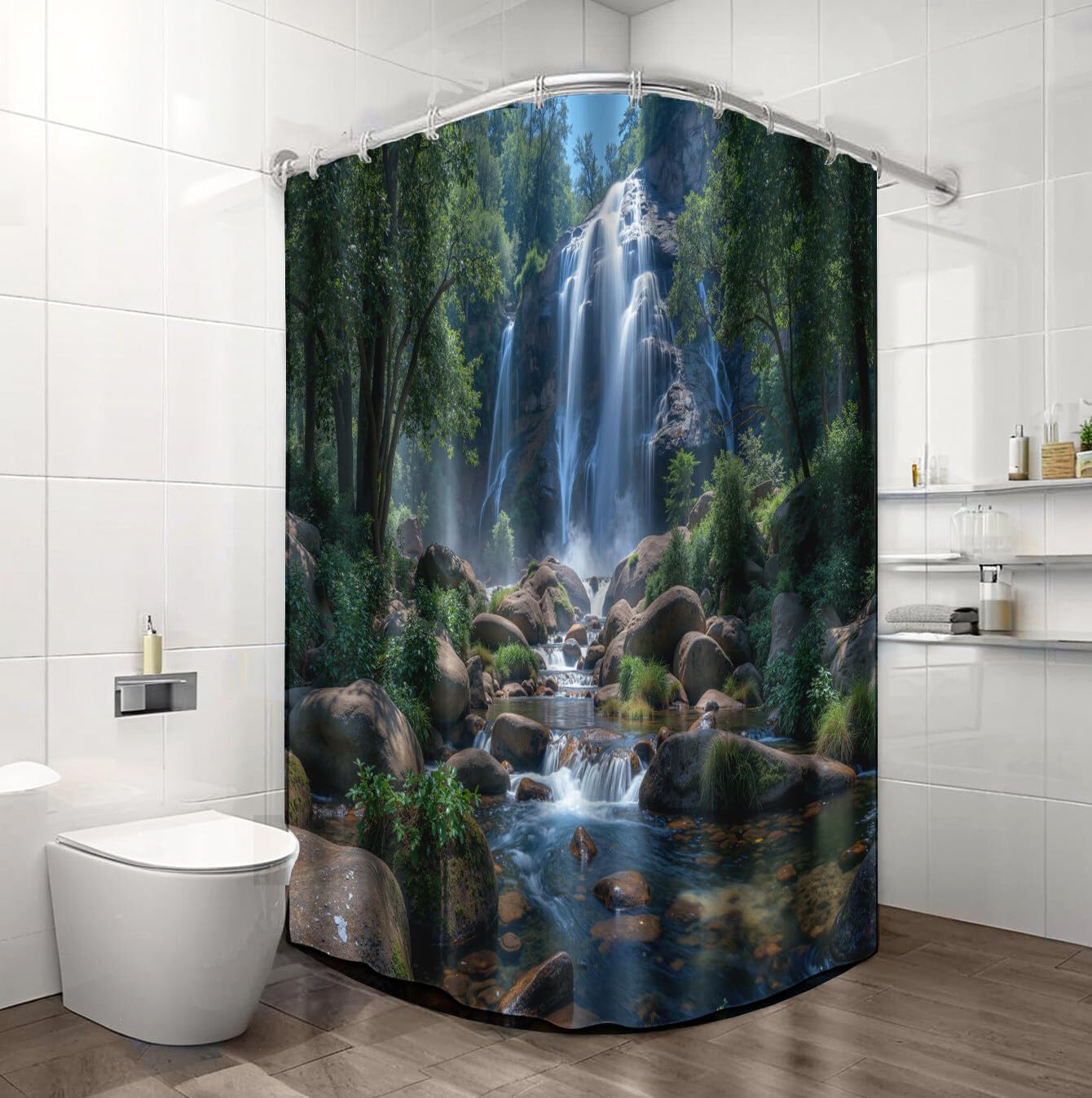 Rideau Douche,Rideau Baignoire Lavable en Machine Rideaux Douche Tissus Lavable Rideau De Baignoire Lavable pour Salle De Bain Domicile Baignoire Famille,Forêt De Cascades,