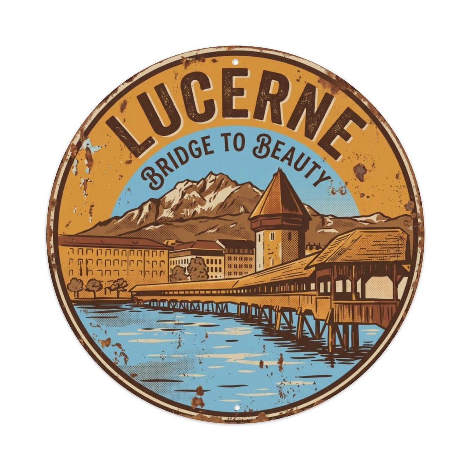 Vintage Travel Lucerne Bridge Chapel Metal Tin Sign Plaque Wall Decor for Cafe, Club, Garden Round Metal Poster 8x8Inch