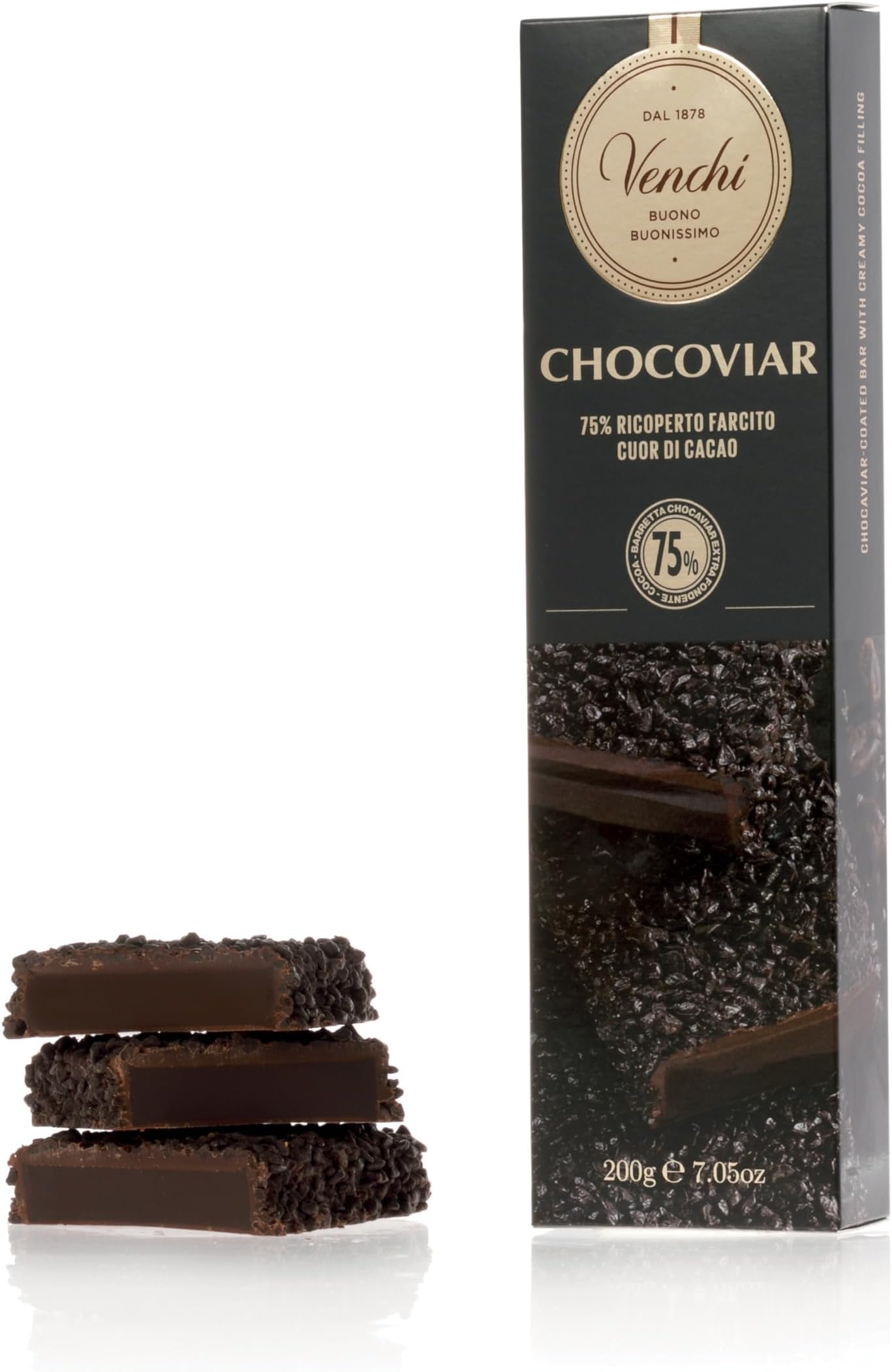 Venchi Chocoviar Soft Bar 7.05 oz - Extra Dark chocolate Shell filled with Cuor di Cacao with Chocoviar 75% - Gluten Free - Vegan Friendly