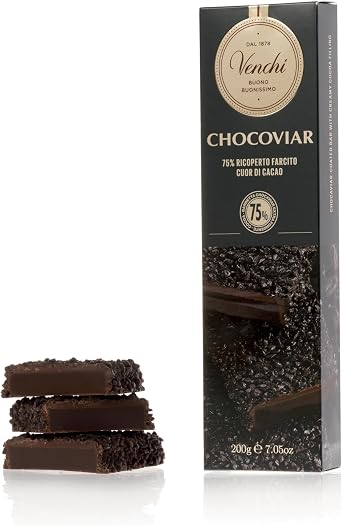 Venchi - Chocoviar-Coated Bar - Cuor di Cacao filling with double coating of Extra-Dark Chocolate and 75% Chocoviar granules, 200g - Vegan - Gluten Free