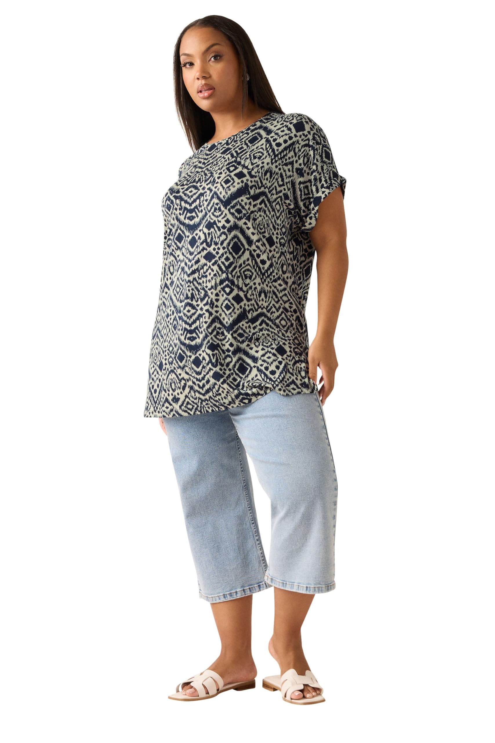 Yours Women's Dark Navy Aztec Drop Shoulder Top In | Size: 30-32