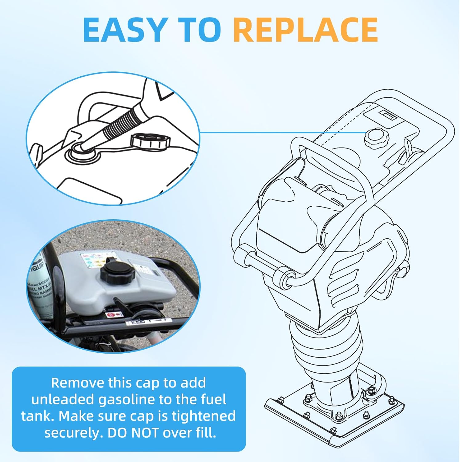 Fuel Tank Cap for Multiquip Mikasa MTX60, MTX70, MTX80 & MTX90, Rammer Fuel Tank Cover Replace Part Number #366350460