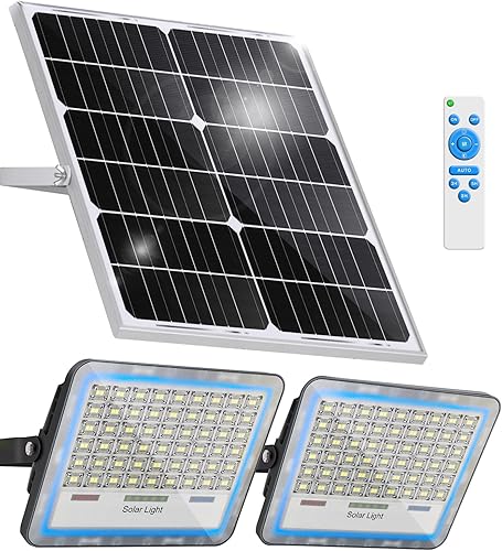 Gebosun Paquete de 2 focos solares LED de 100 W, control remoto, del atardecer al amanecer, 13,000 lúmenes, 6000 K, IP67 impermeable, montado en la