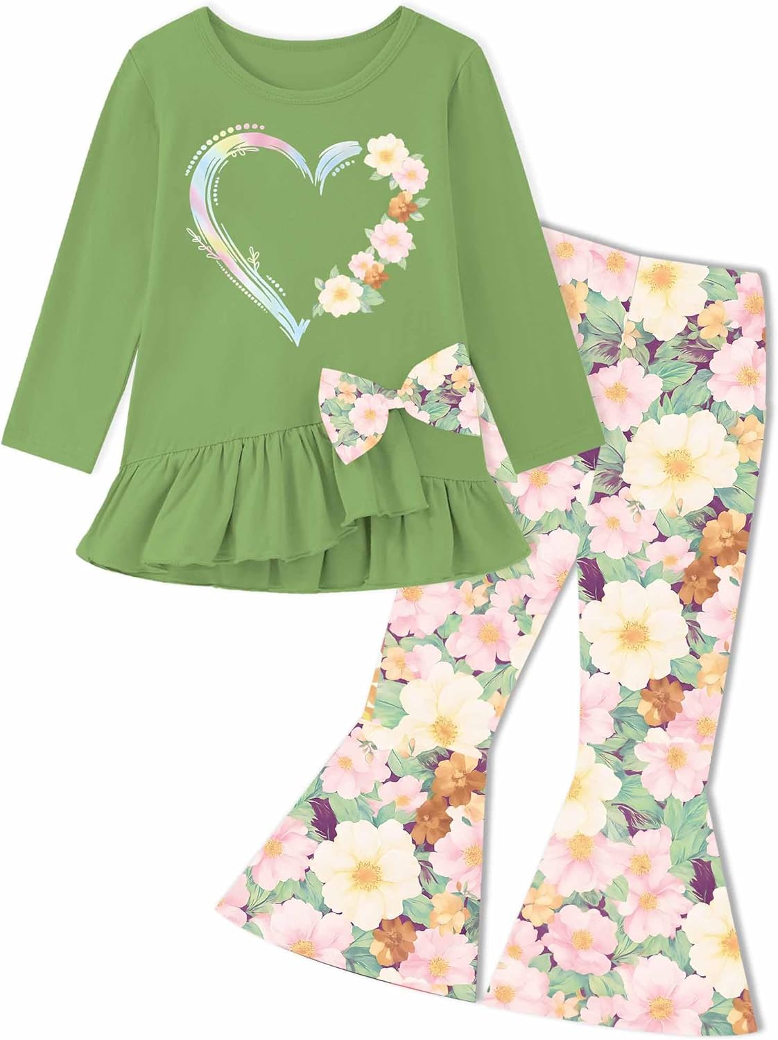 Little Girl Clothes 2-8Years Girls Outfit,Long Sleeve Ruffle Top+Bow ,Flower Flared Pants 2Pcs Fall winter Set