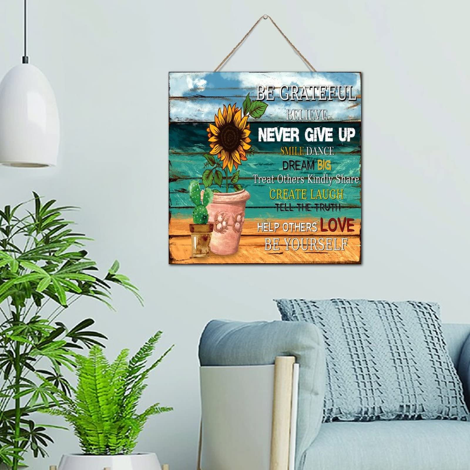 Panneau moderne en bois Be Grateful 30x30 cm pour décoration murale