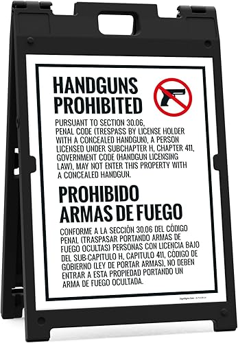 Miniatura 8 de Concealed Carry Prohibited Texas Penal Code Section 3007 Bilingual Sidewalk Sign Kit 24x36 Inches With A Frame Stand Made in USA by Sigo Signs