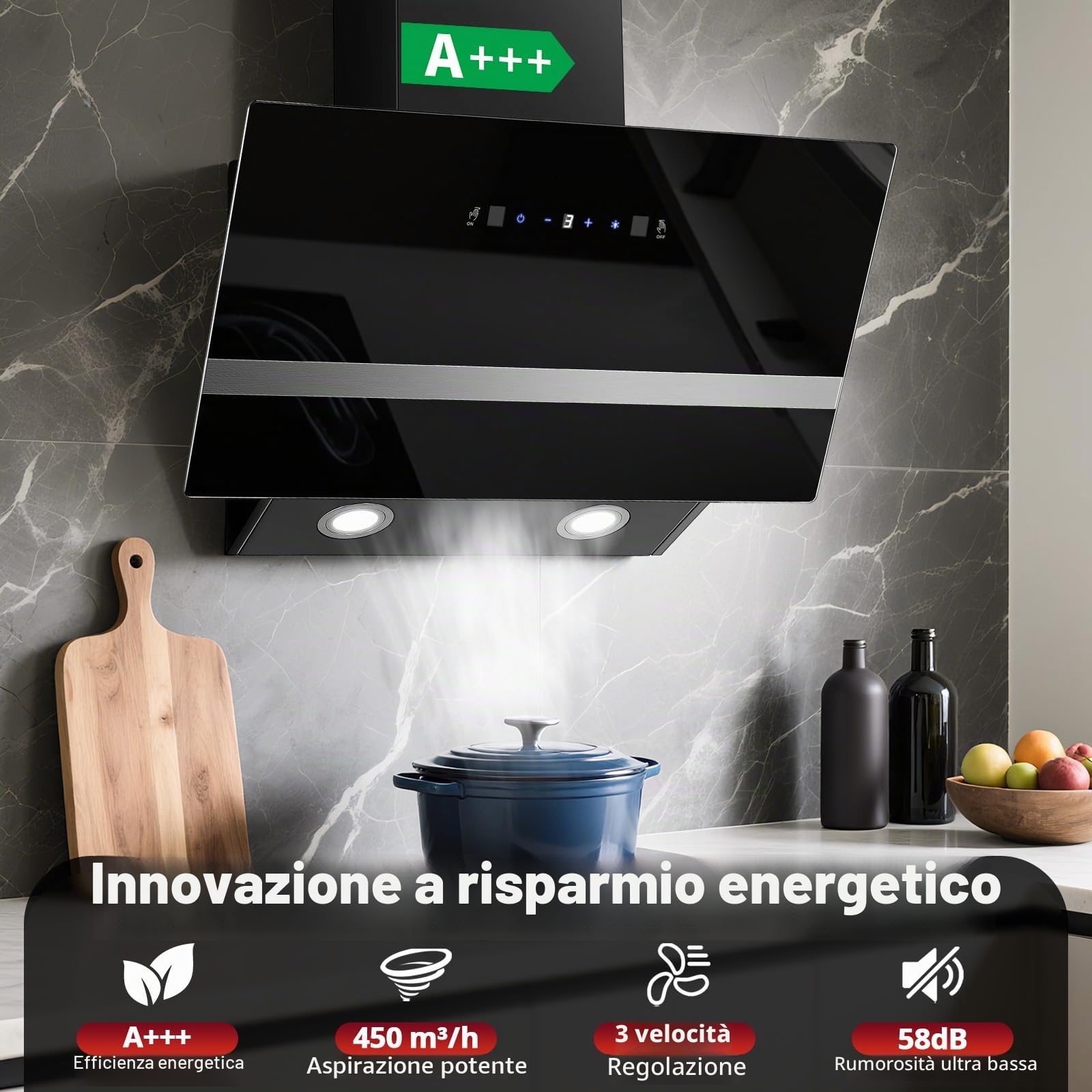 SNDOAS Cappa Aspirante 60 cm, 450 m³/h, Controllo Touch e a Gesti, A+++ | Cappa da Cucina Inclinata con Scarico/Ricircolo, 3 Velocità + Modalità Boost, Silenziosa, LED, Vetro Nero
