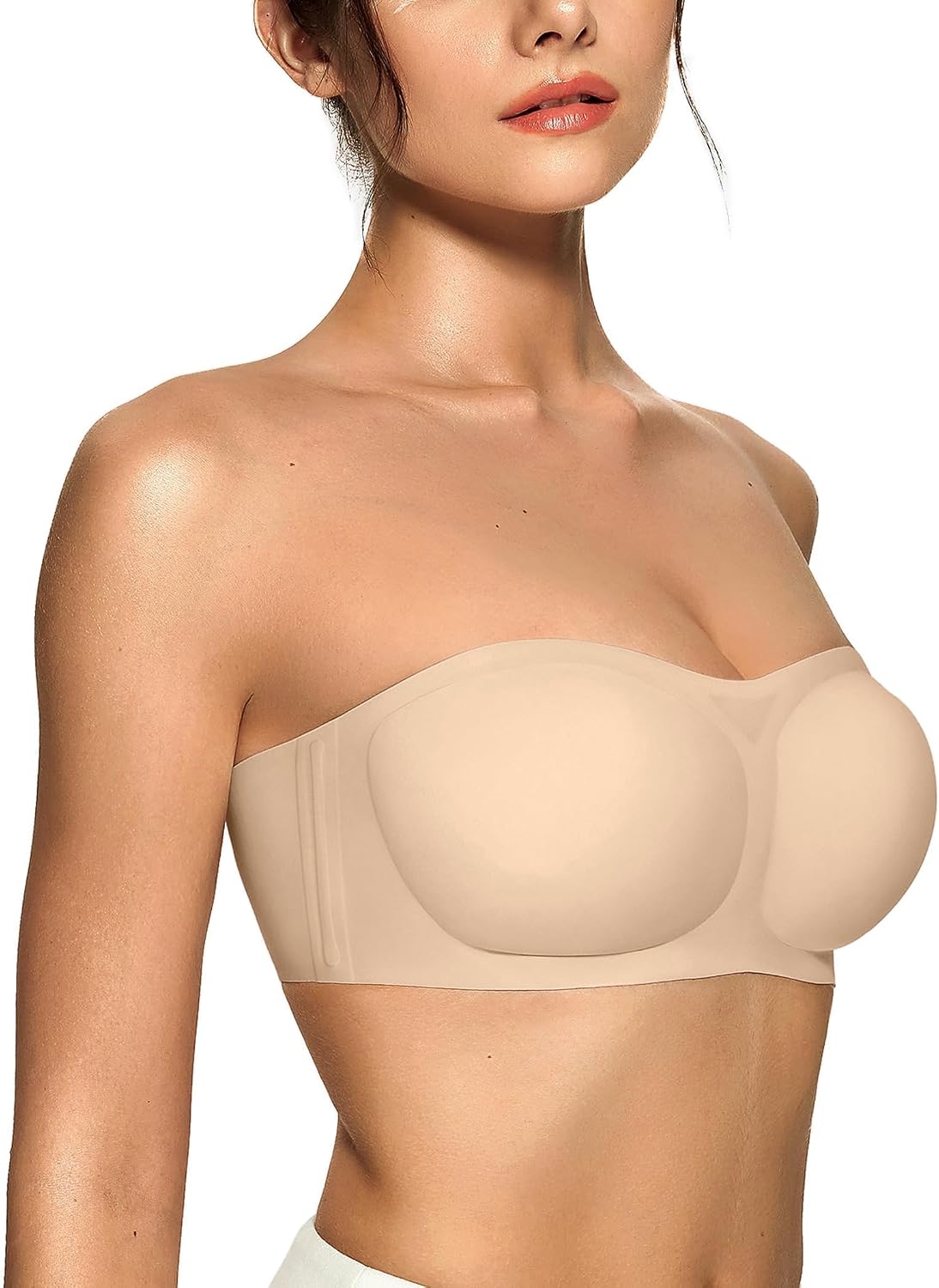 OEAK Womens Strapless Bras Push Up Bandeau Bra Non Slip Wireless Bras Bra M Beige