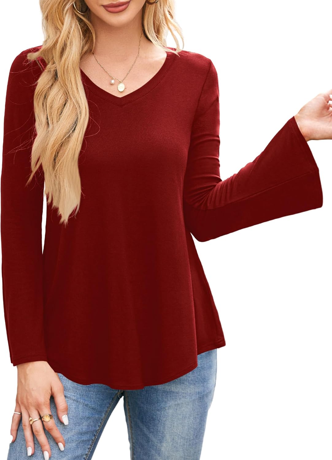 Amoretu Womens V Neck Tshirts Bell Long Sleeve Shirts Swing Tunic Tops