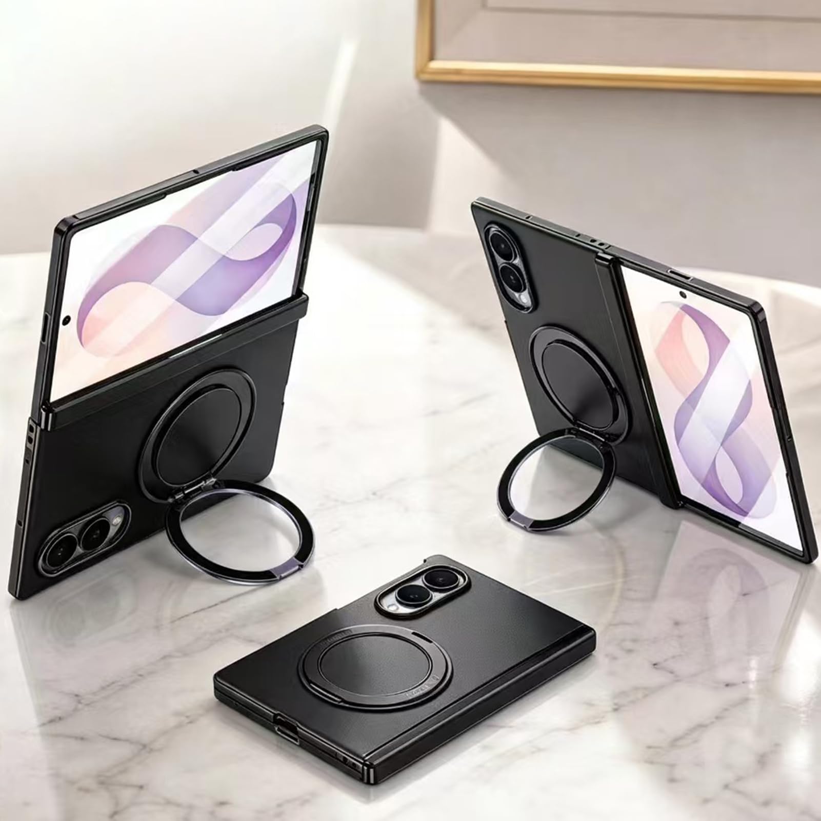 Etui z prawdziwej skóry do Samsung Galaxy Z Fold 8, ochrona ekranu z obrotowym pierścieniem magnetycznym, pełne owinięcie zawiasów, biznesowe, ręcznie wykonane, lekka, luksusowa obudowa (czarne)