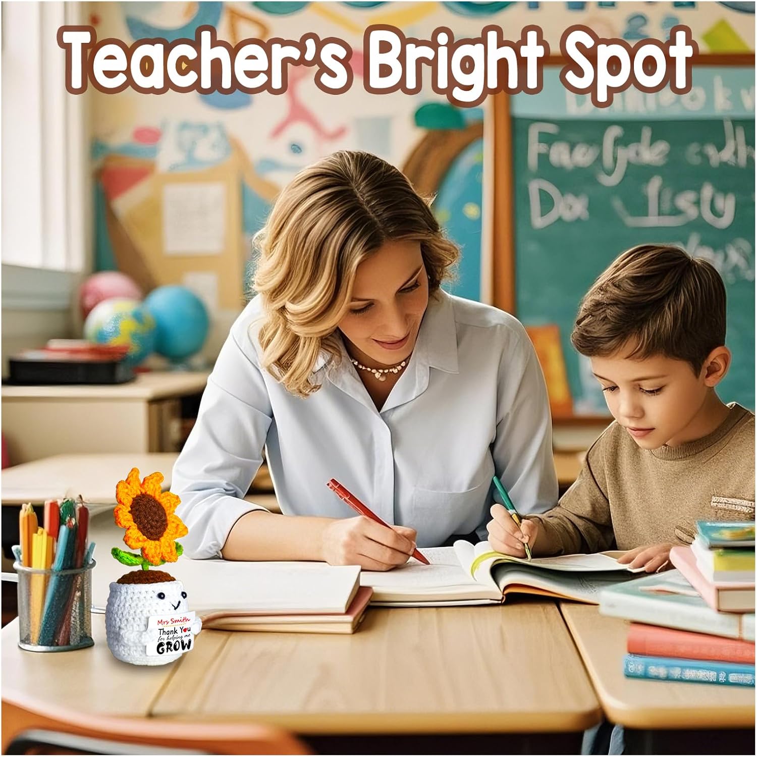 Teacher Appreciation Gifts, Valentines Day Teacher Gifts Handmade Crochet Sunflower Doll, Personalized Birthday Thank You Gift for Teachers Mentor Coworker Boss Valentine's Easter Retirement Gift - Image 6