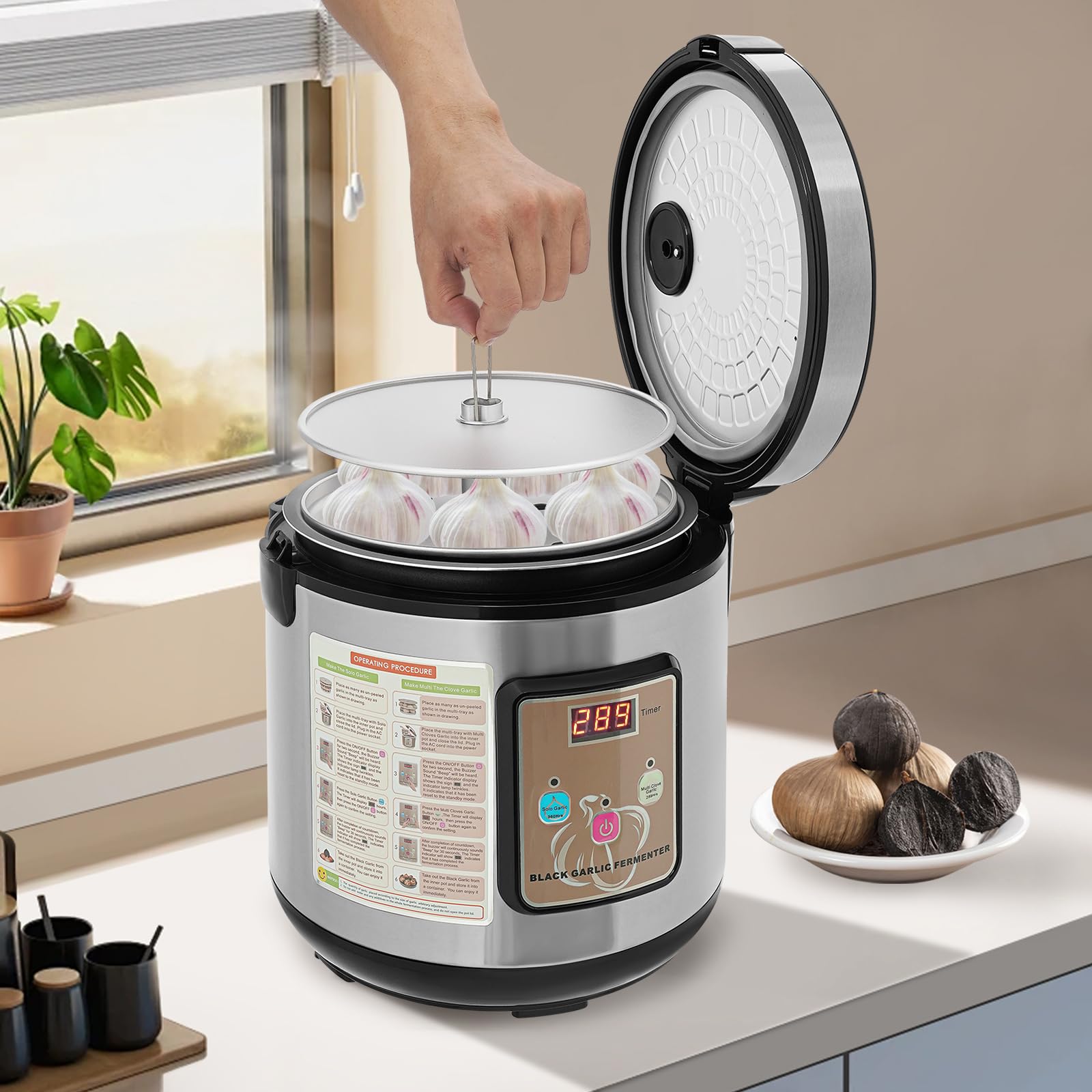 Fermenteur noir 6 l, 90 W 220 V pour les noirs, cuiseur à ail avec contrôle du temps et de la température, fermenteur d'ail intelligent avec pot intérieur et support à 3 étages (argent)