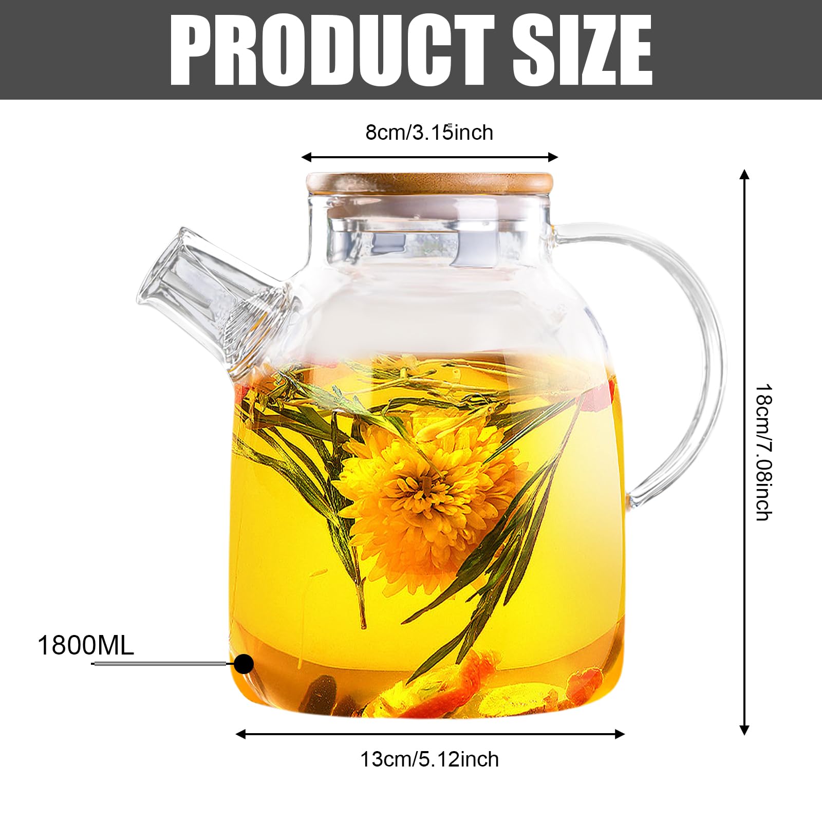 Dzbanek do herbaty z drewnianą pokrywką, 1800 ml, ze szkła borokrzemowego, wytrzymały, odporny na wysokie temperatury, przezroczysty dzbanek do herbaty z sitkiem, nowoczesny, gruby szklany zaparzacz