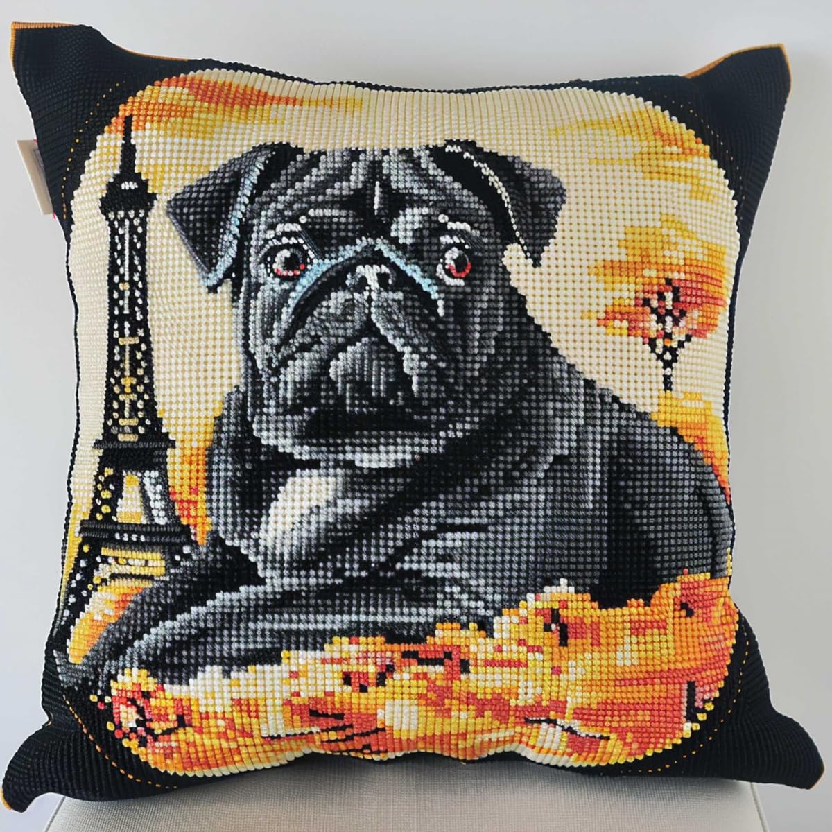 Rkflgew Latch Hook Kits For Adults Pug Animal Latch Hook Kit Cushion Landscape Latch Hook Kits For Diy Throw Pillow Cover,Needlework Cushion Cover Hand Craft Crochet For Family 43X43cm