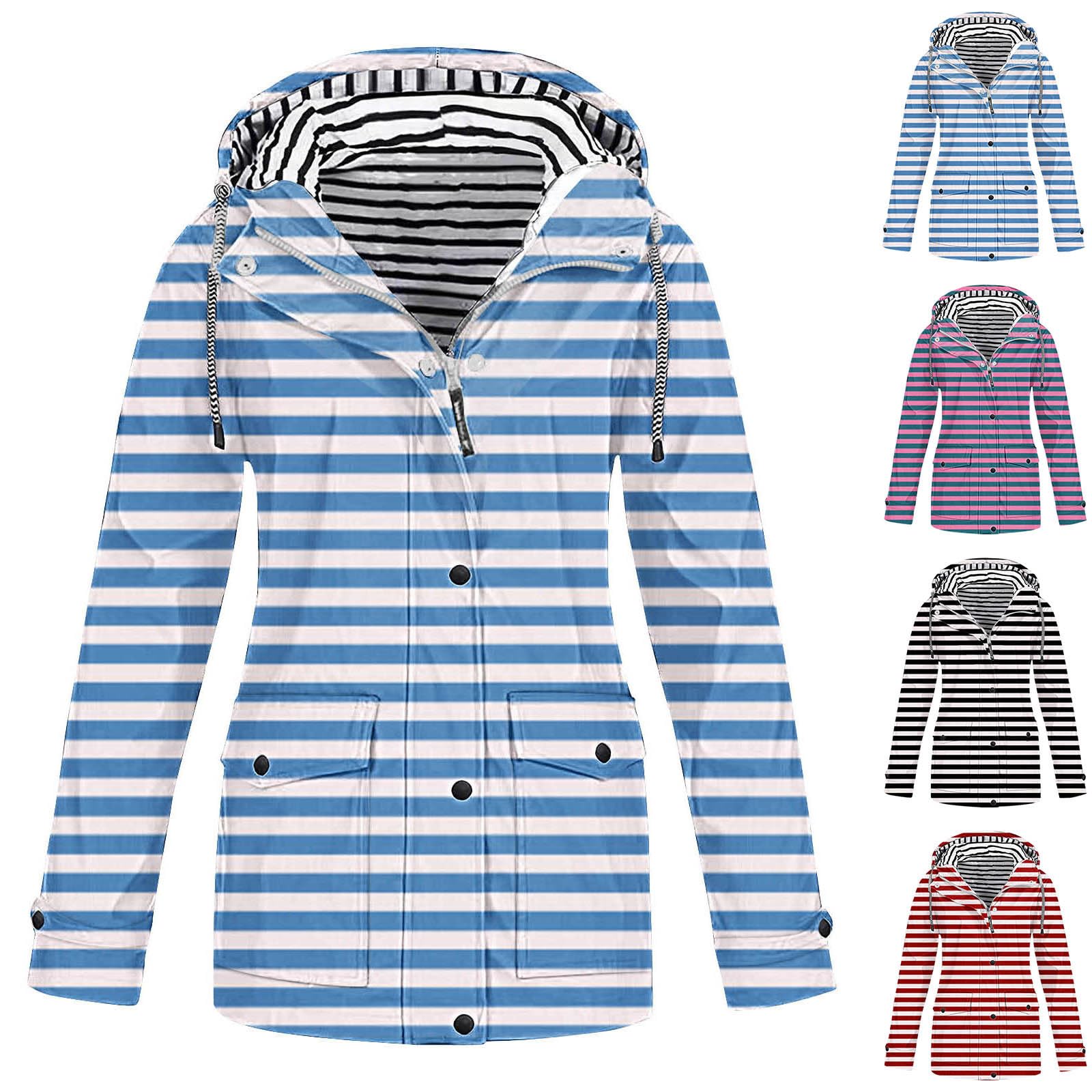 KeepinkWomens Waterproof Jackets Lightweight Hooded Rain Coats Striped Lined Windbreaker Long Sleeve Zip Up Trench Coat Ladies Raincoats Active Outwear Pockets Large 12-26