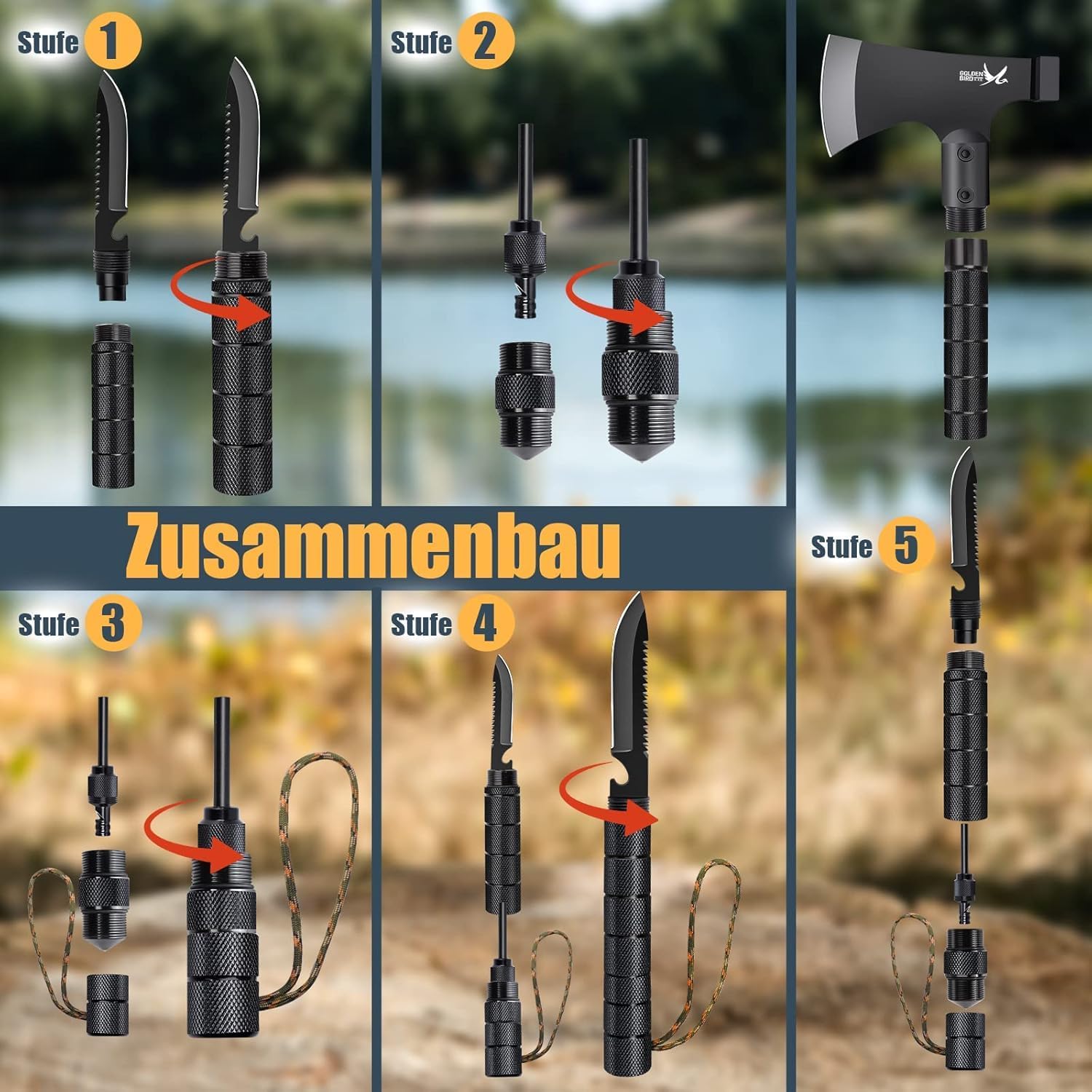 El Hacha de pájaro Dorado sobrevive 9 en 1, el Traje de Hacha de Supervivencia de Campamento, la Herramienta Multiuso de Hacha de Campamento Afilada con Tubo hammershade, la brújula