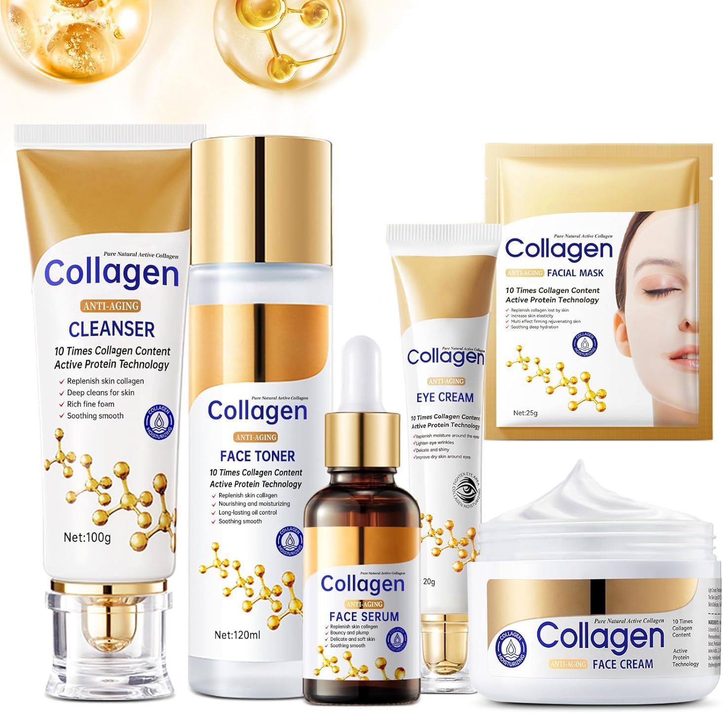 LBOYLOVE® Collagen Skin Care Anti Aging Set with Collagen Extract, 6 Pcs Skincare Kits Women, Include Cleanser, Toner, Serum, Cream, Eye Cream, Masks, Shrink Pores, Hydrate & Firm Skin Soothing Set