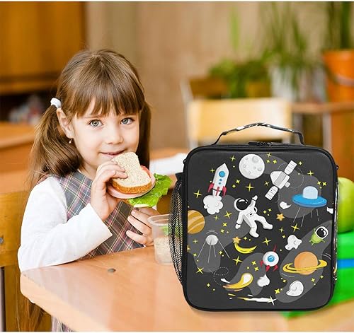 Miniatura 2 de ALAZA Lonchera negra con diseño de astronauta espacial Galaxy Space para niñas y niños, bolsa de almuerzo reutilizable, kit de bolsa de almuerzo