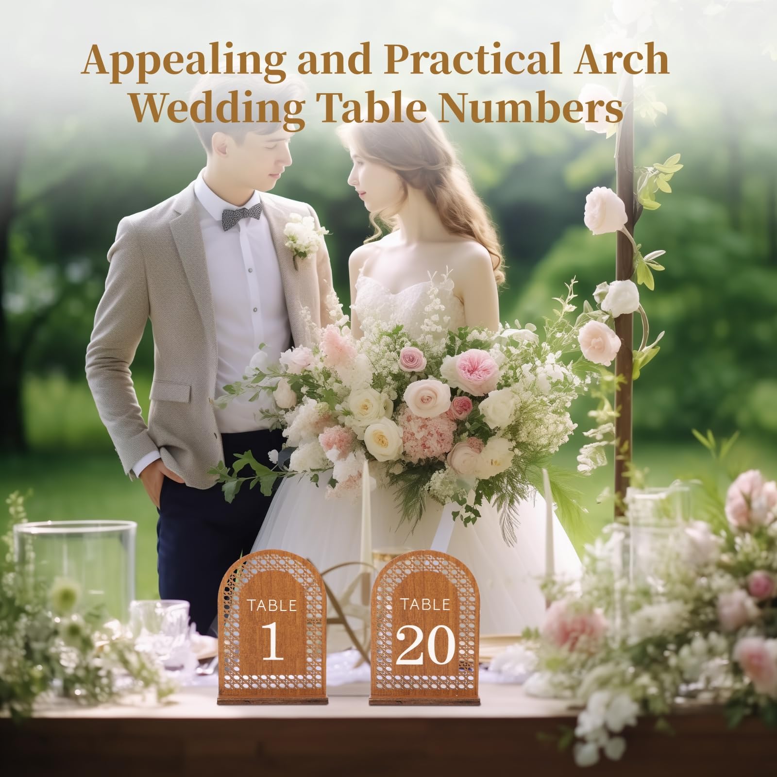 20 letreros de madera para arco de mesa, números del 1 al 20 arco, placas de números de mesa de boda con base de madera, letreros de boda de madera para mesa, banquete, restaurante, decoración de