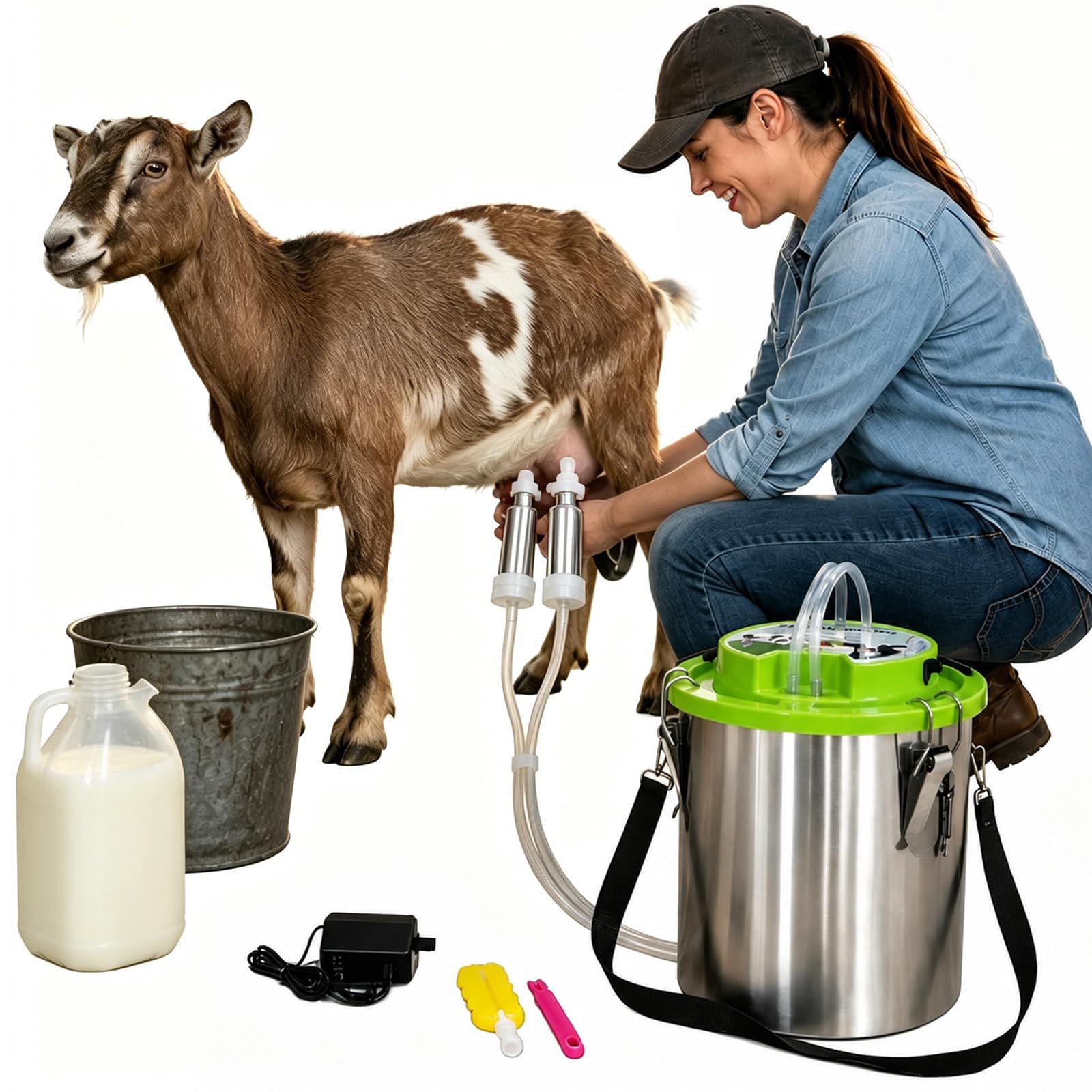 moupeaktain Goat Milker Machine, 12L Electric Milking Machine for Goats Cows and Sheep, Portable Rechargeable Goat Milking Machine with 5200mah Battery, Automatic Stop, Stainless Steel Bucket Cow