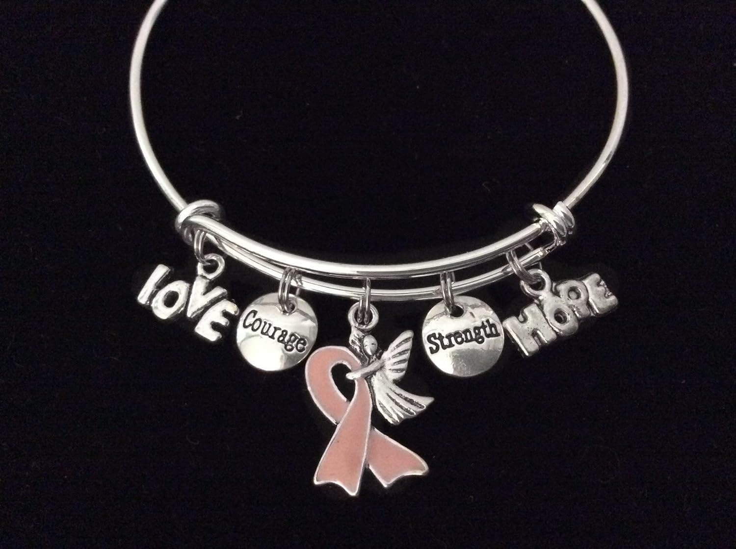 Pink Awareness Guardian Angel Love Courage Strength Hope Adjustable Bracelet Expandable Silver Wire Bangle Gift - Image 2