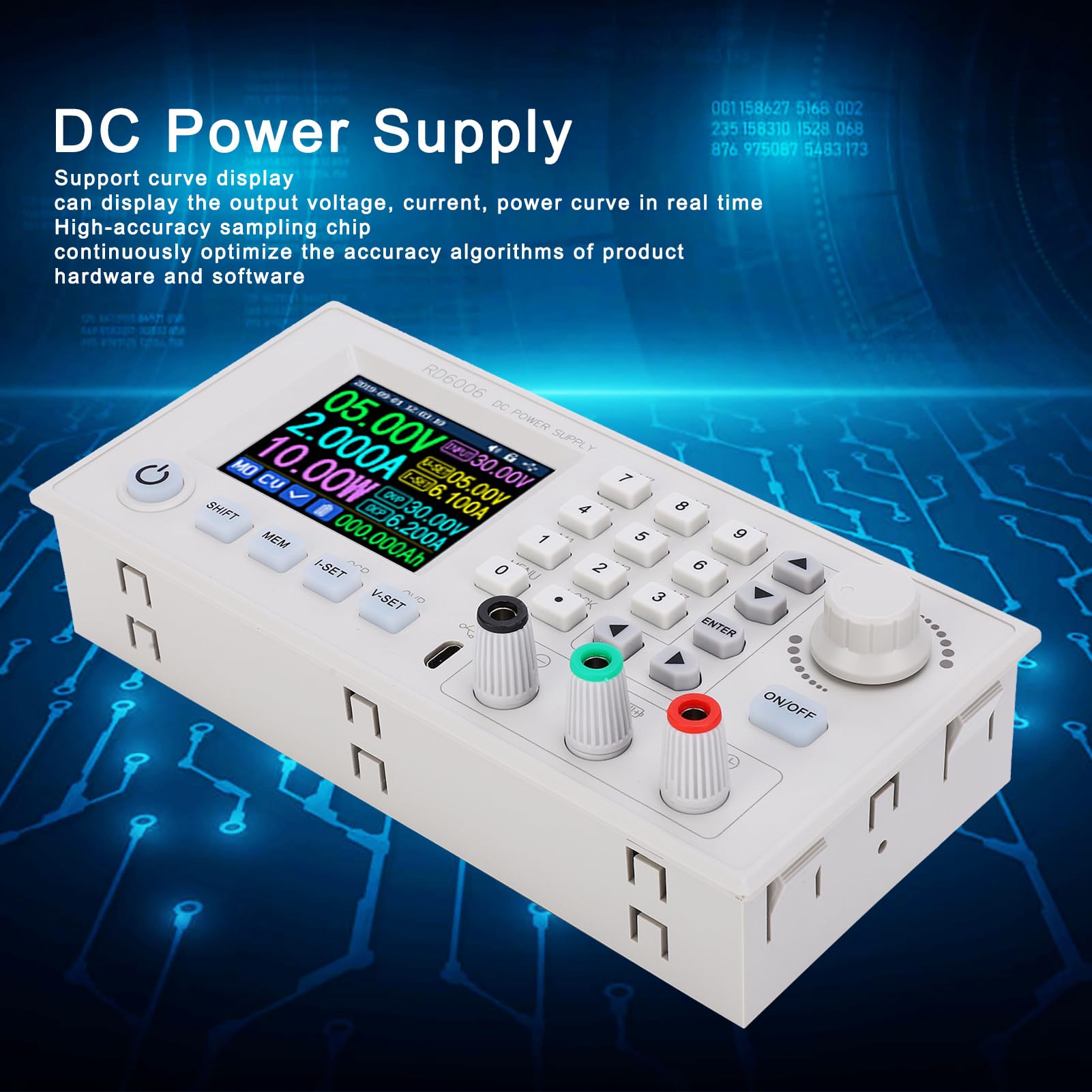 Alimentatore DC regolabile 0-60 V 0-6 A 360 W con display LCD da 2,4 pollici, alimentatore stepdown DC per banco da laboratorio e manutenzione elettronica (RD6006)