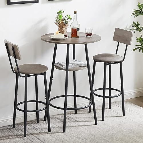 Juego de mesa de comedor de 3 piezas para 2, mesa de cocina redonda pequeña con 2 sillas, mesa de barra de altura de mostrador con almacenamiento,