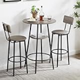 3-Piece Dining Table Set for 2, Small Round Kitchen Table with 2 Chairs, Counter Height Bar Table with Storage, Pub Table and PU Upholstery Stools for Small Space, Apartment, Bistro-Grey
