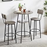 3-Piece Dining Table Set for 2&comma; Small Round Kitchen Table with 2 Chairs&comma; Counter Height Bar Table with Storage&comma; Pub Table and PU Upholstery Stools for Small Space&comma; Apartment&comma; Bistro-Grey