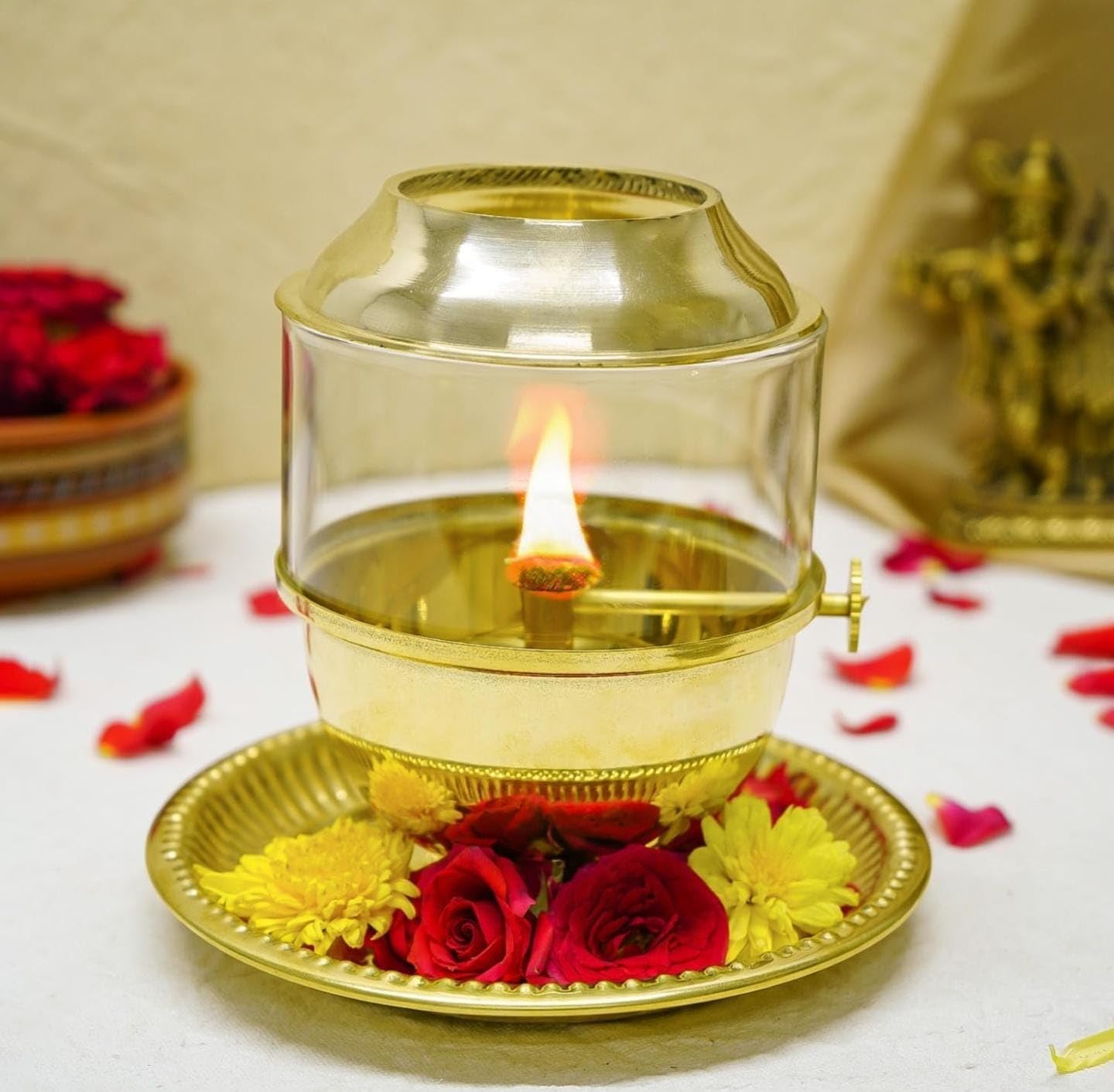 Pure Brass Akhand Jyot Diya with Glass Cover and Attached Plate – 48-Hour Long Burning Oil Lamp for Puja, Aarti, Temple, Meditation – 250ml Capacity, Adjustable Wick, Gold Finish Mandir Decor - Medium