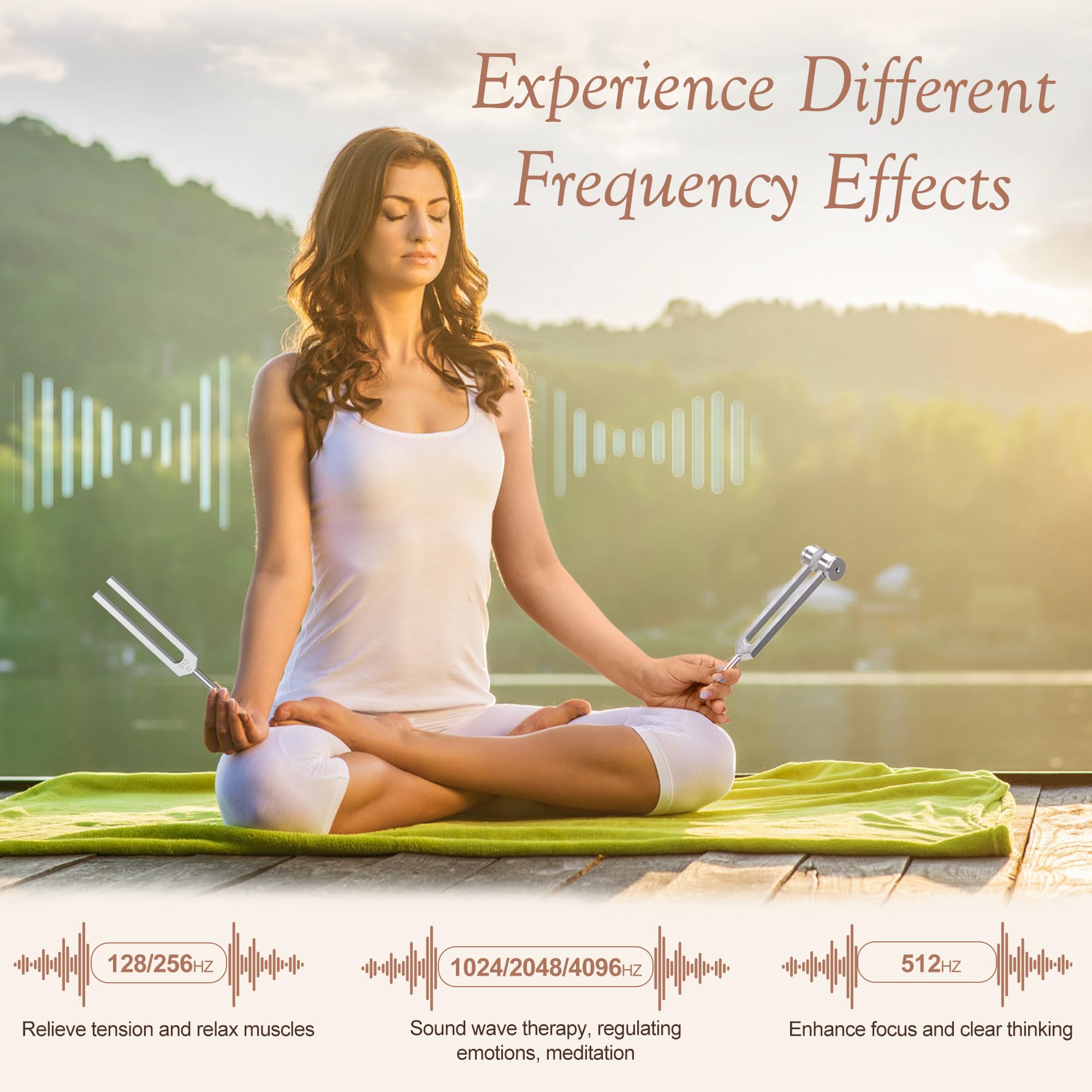 Stimmgabel Set, 6 Stück, 128 Hz, 256 Hz, 512 Hz, 1024 Hz, 2048HZ,4096HZ, Chakra-Stimmgabeln für die Yoga, Meditation, Chakra Balance, Entspannung (mit Hammer)