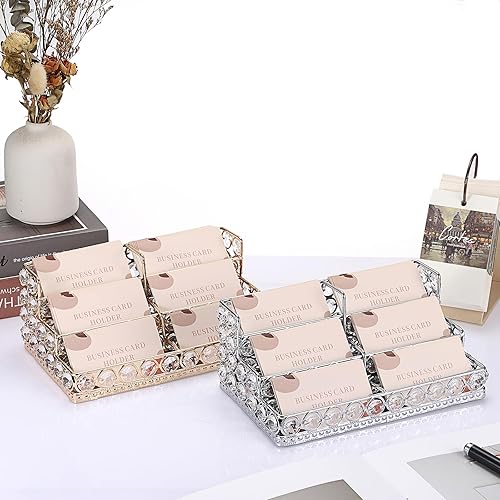 Vista 35 de Hipiwe Soporte para tarjetas de visita de cristal de 2 niveles, soporte de exhibición de tarjetas de visita con espejo dorado, organizador