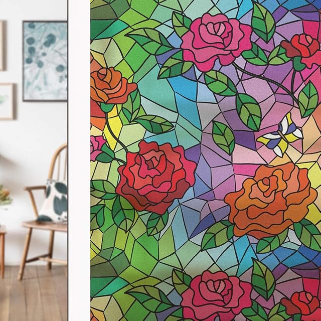dktie Window Privacy Film Static Cling Rose Window Sticker Bathroom Glass Window Decals Non Adhesive for Home Windows 44.5x200cm