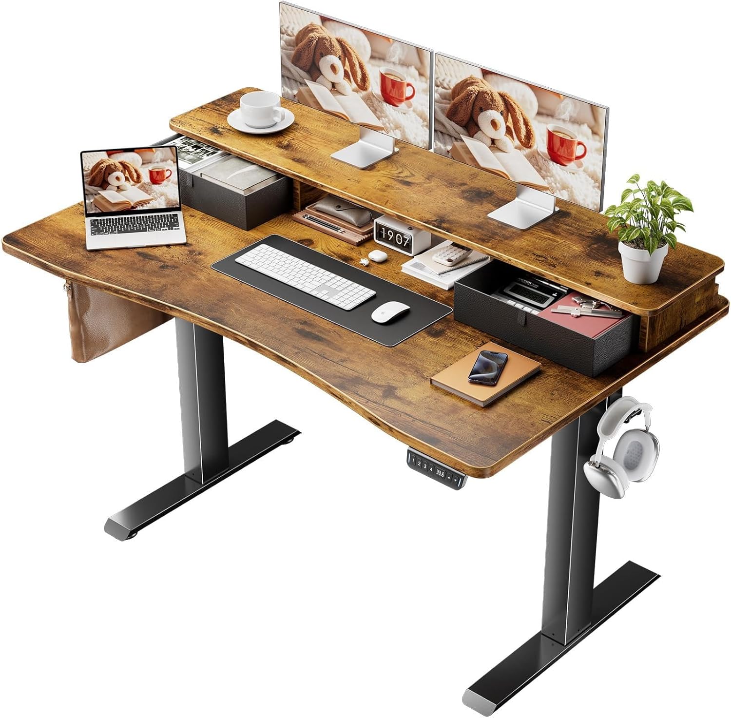 Veken 47.2"×27.6" Standing Desk with Storage Drawers, Adjustable Height Computer Table with Monitor Shelf, Home Office Desk for Study, Gaming, Workstation, Brown